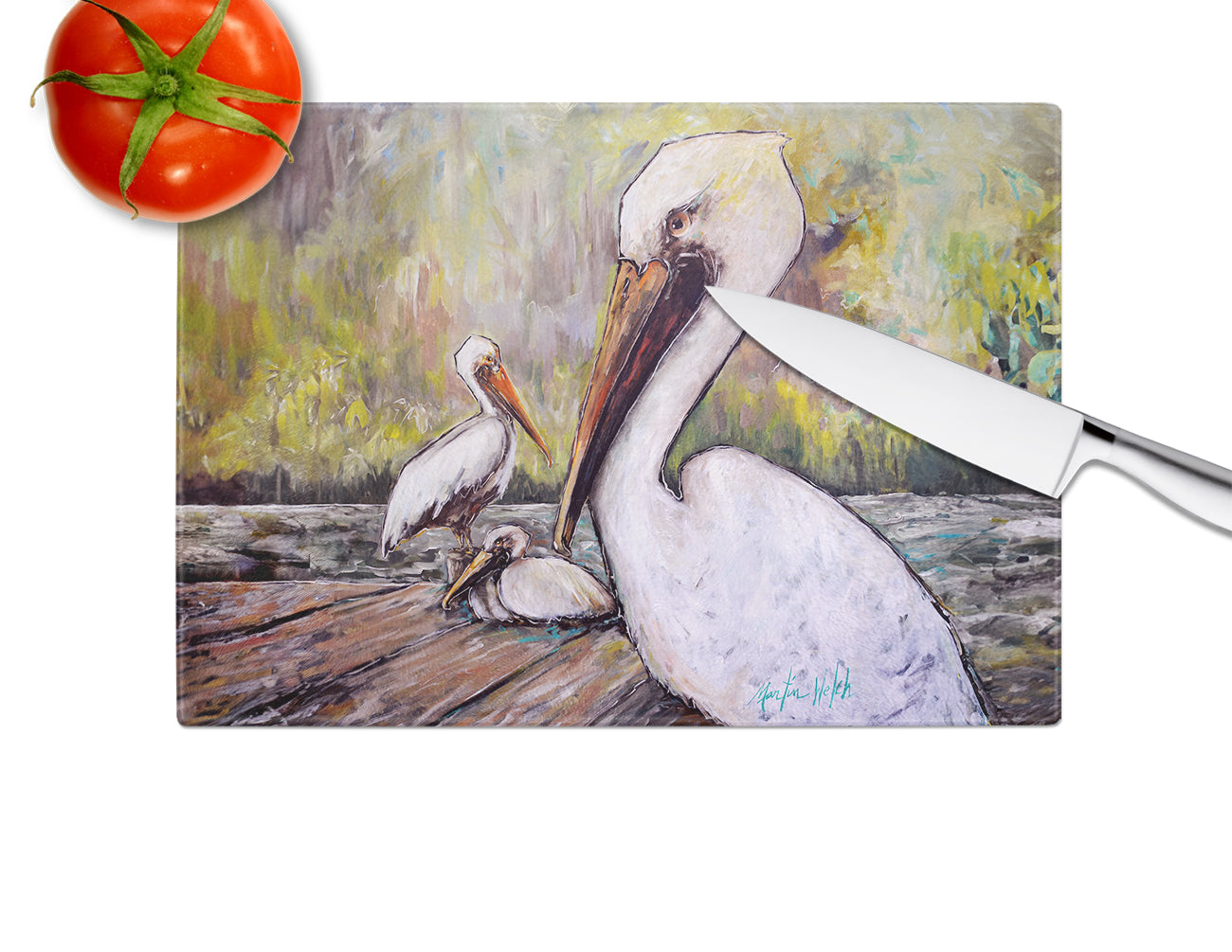 Three Pelicans on a Pier Cutting Board Tempered Glass Kitchen Cutting Surface, Heat Resistant Chopping, Non-Slip Feet, Food Prep & Serving