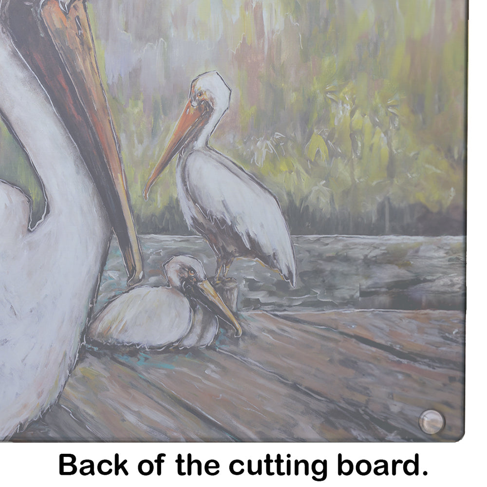 Three Pelicans on a Pier Cutting Board Tempered Glass Kitchen Cutting Surface, Heat Resistant Chopping, Non-Slip Feet, Food Prep & Serving