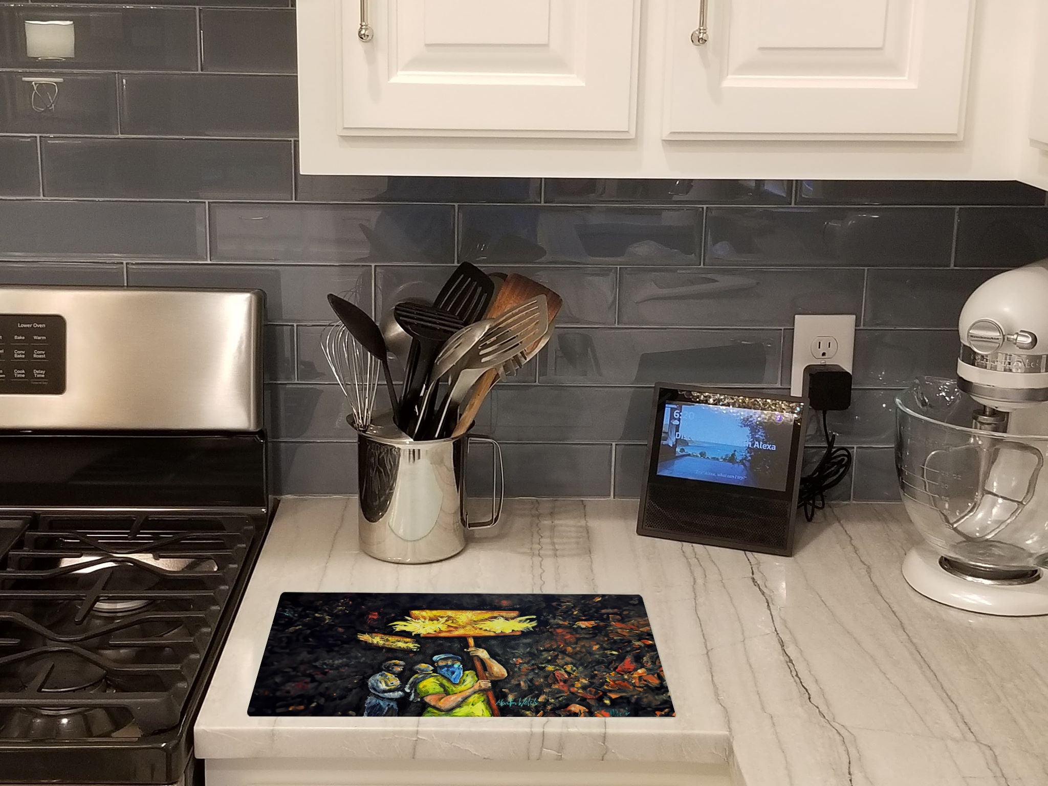 Turn Up The Heat Mardi Gras Cutting Board Tempered Glass Kitchen Cutting Surface, Heat Resistant Chopping, Non-Slip Feet, Food Prep & Serving