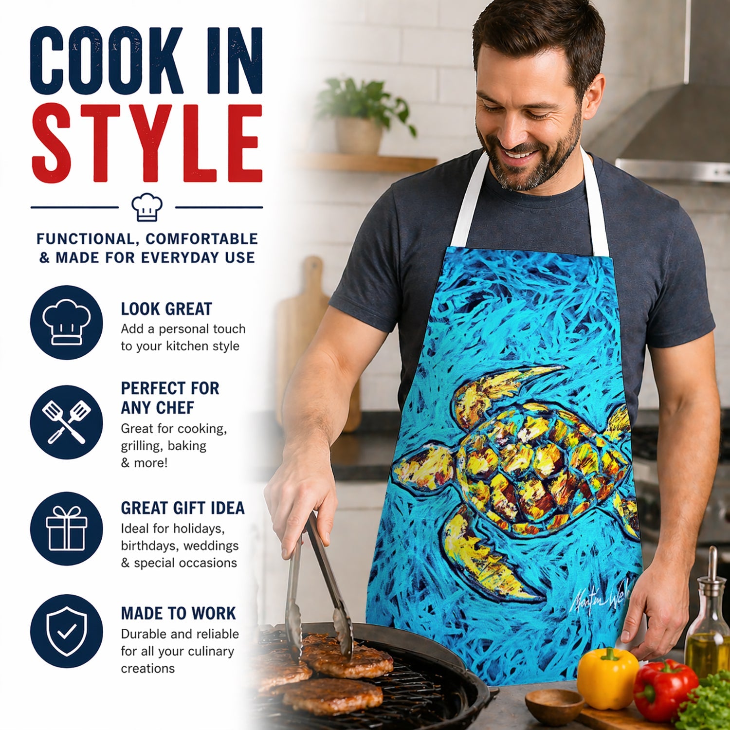 Turtle Drive Apron Cooking Kitchen Server Baking Crafts Gardening for Adult Women Men, Unisex, Large, Multicolor
