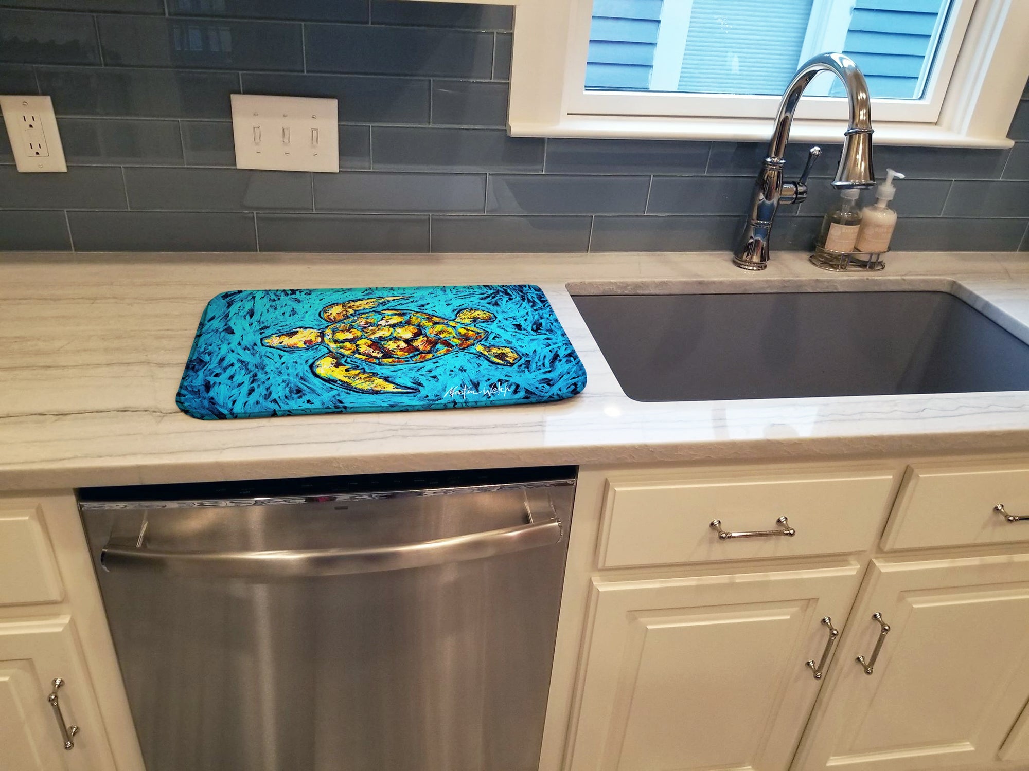 Turtle Drive Dish Drying Mat Absorbent Dish Drying Mat Pad for Kitchen Counter Dish Drainer Mat for Countertop, 14 x 21", Multicolor