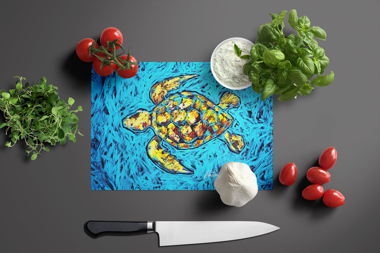 Turtle Drive Cutting Board Tempered Glass Kitchen Cutting Surface, Heat Resistant Chopping, Non-Slip Feet, Food Prep & Serving