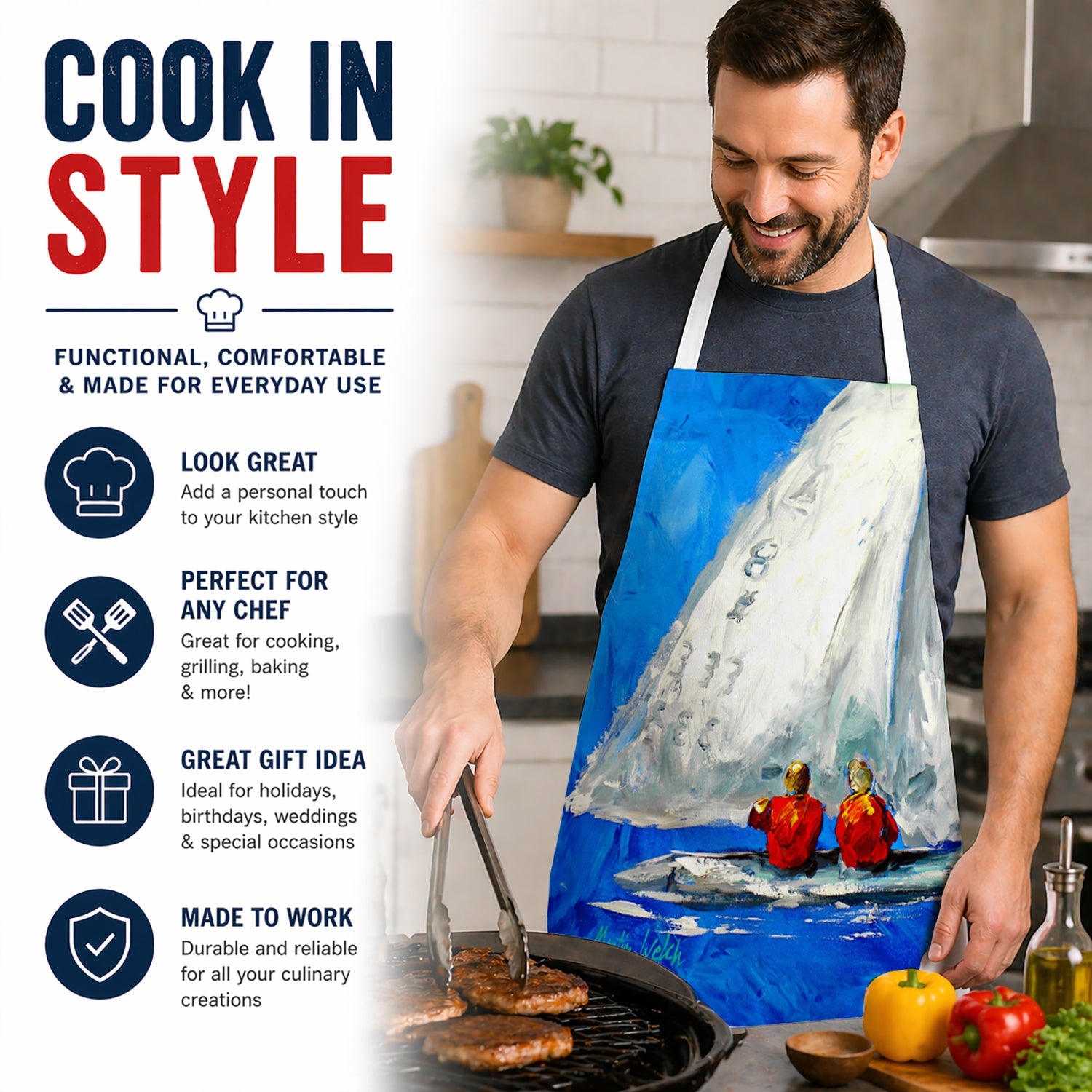 Twos Company Sailboat Apron Cooking Kitchen Server Baking Crafts Gardening for Adult Women Men, Unisex, Large, Multicolor