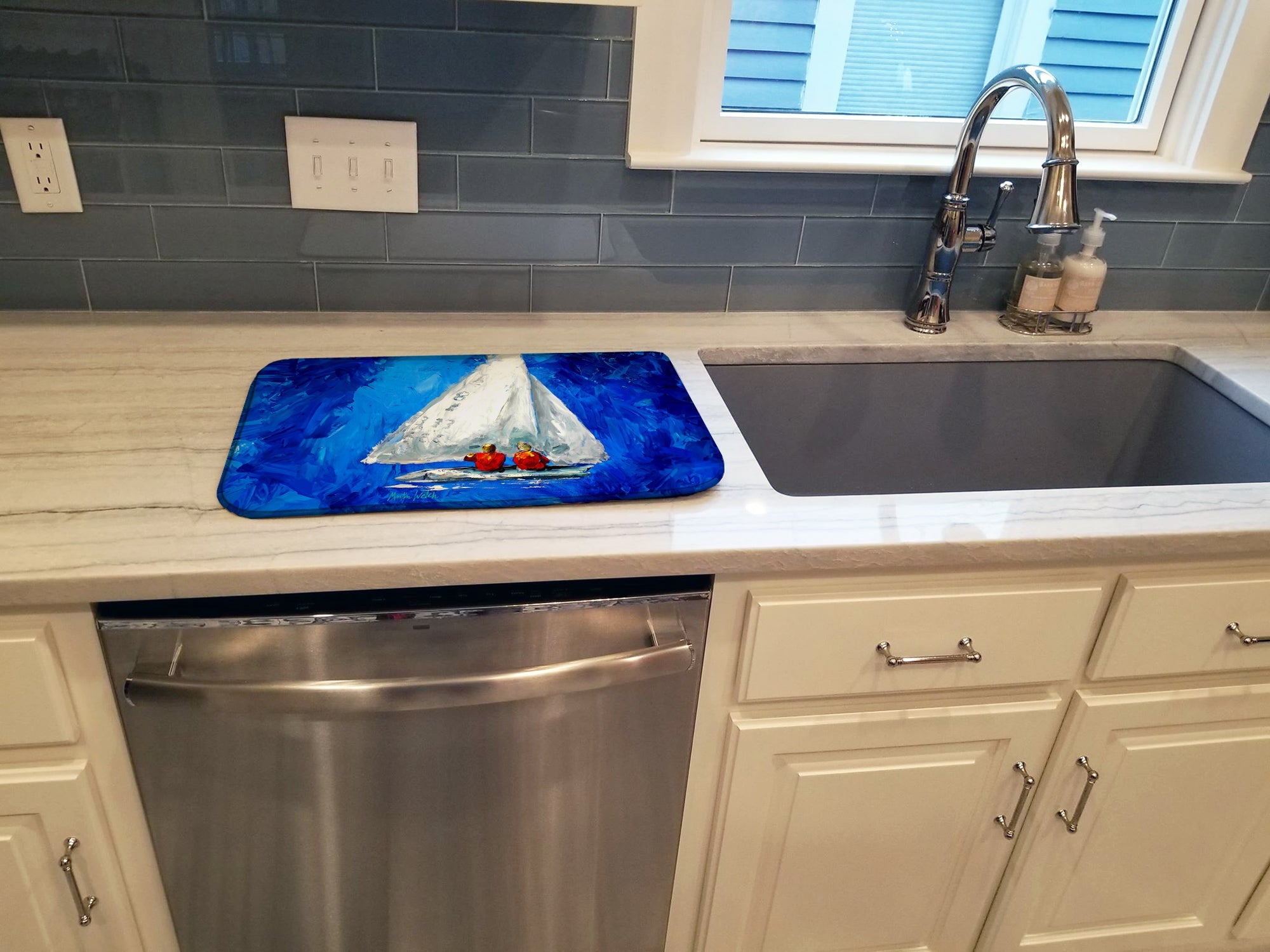 Twos Company Sailboat Dish Drying Mat Absorbent Dish Drying Mat Pad for Kitchen Counter Dish Drainer Mat for Countertop, 14 x 21", Multicolor