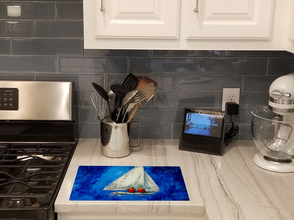 Twos Company Sailboat Cutting Board Tempered Glass Kitchen Cutting Surface, Heat Resistant Chopping, Non-Slip Feet, Food Prep & Serving