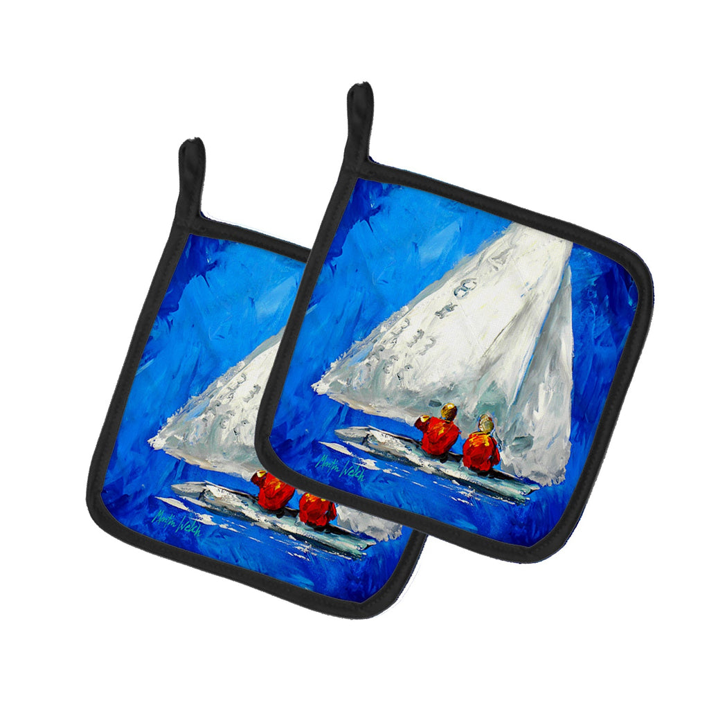 Twos Company Sailboat Pot Holder Set of 2 Heat Resistant Quilted Hot Pads 7.5 x 7.5 Inch, Insulated Kitchen Trivets for Cooking & Baking