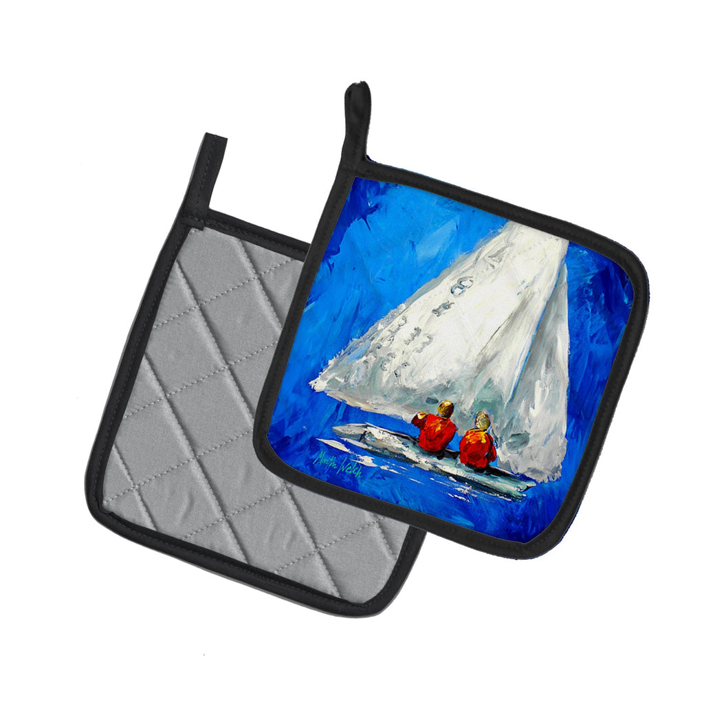 Twos Company Sailboat Pot Holder Set of 2 Heat Resistant Quilted Hot Pads 7.5 x 7.5 Inch, Insulated Kitchen Trivets for Cooking & Baking