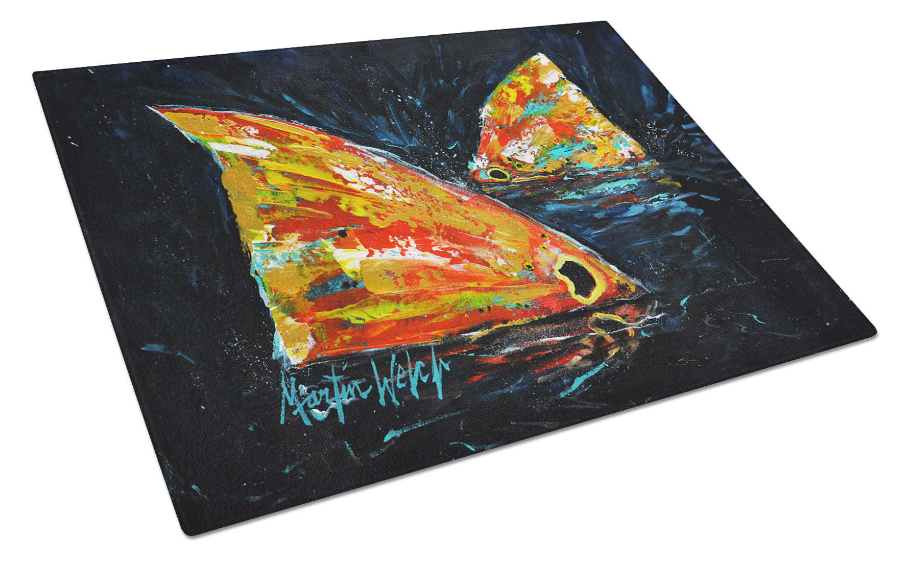 Red Fish Two Tales Cutting Board Tempered Glass Kitchen Cutting Surface, Heat Resistant Chopping, Non-Slip Feet, Food Prep & Serving