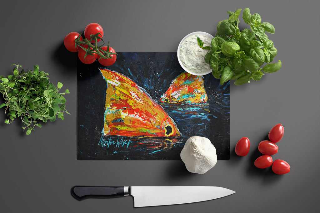 Red Fish Two Tales Cutting Board Tempered Glass Kitchen Cutting Surface, Heat Resistant Chopping, Non-Slip Feet, Food Prep & Serving