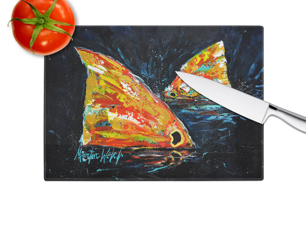 Red Fish Two Tales Cutting Board Tempered Glass Kitchen Cutting Surface, Heat Resistant Chopping, Non-Slip Feet, Food Prep & Serving