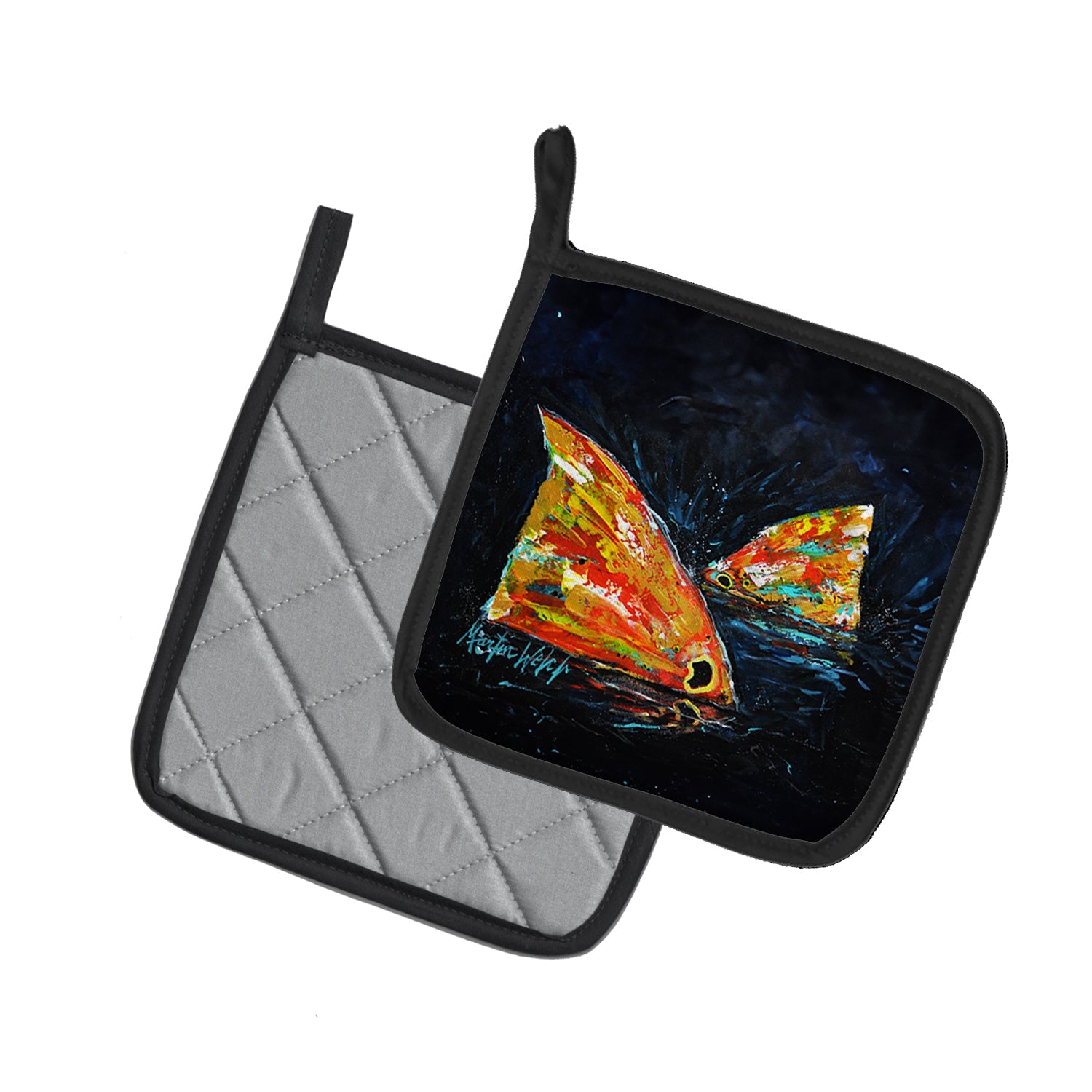 Red Fish Two Tales Pot Holder Set of 2 Heat Resistant Quilted Hot Pads 7.5 x 7.5 Inch, Insulated Kitchen Trivets for Cooking & Baking