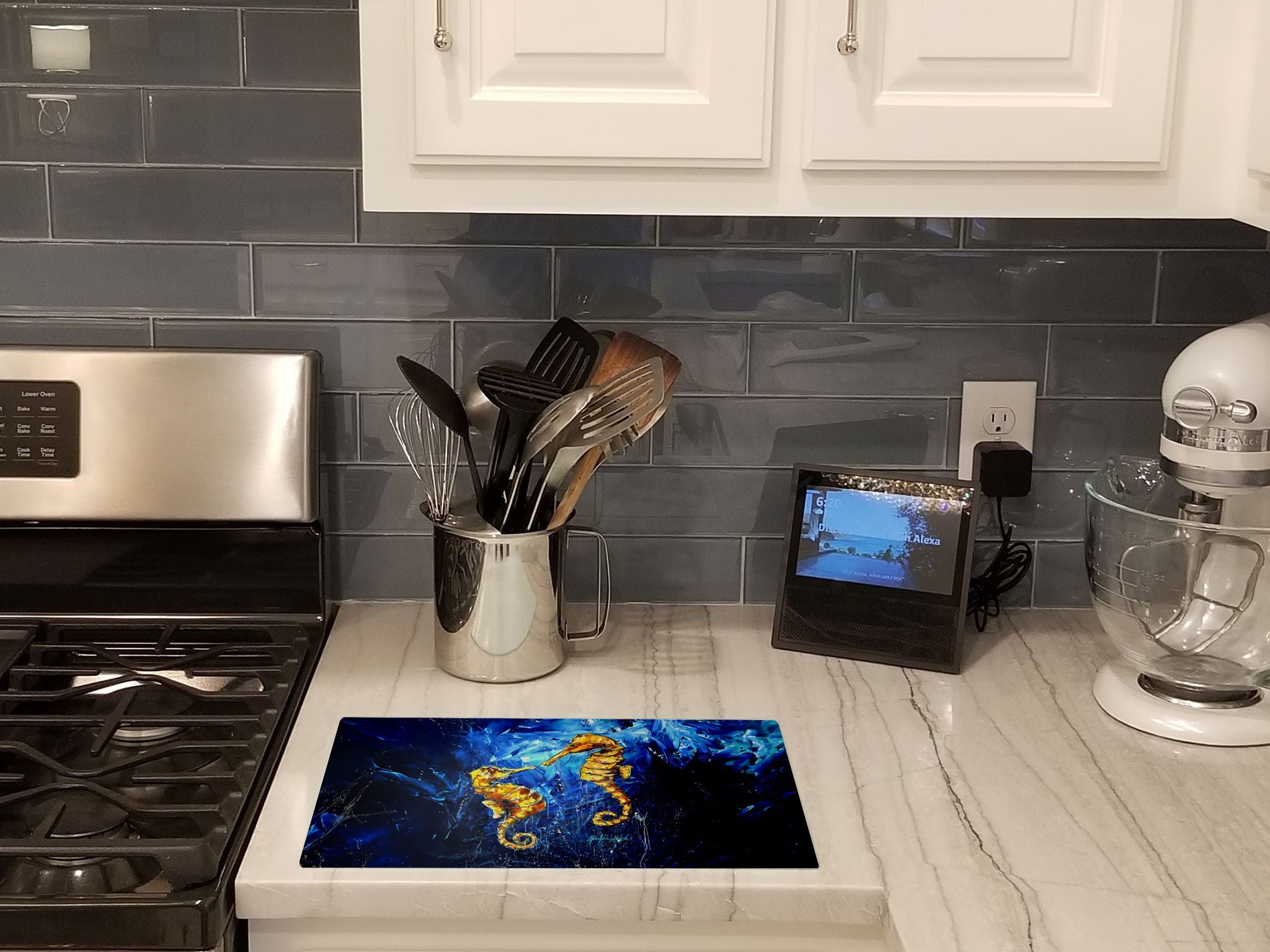 Seahorses Two To Tango Cutting Board Tempered Glass Kitchen Cutting Surface, Heat Resistant Chopping, Non-Slip Feet, Food Prep & Serving