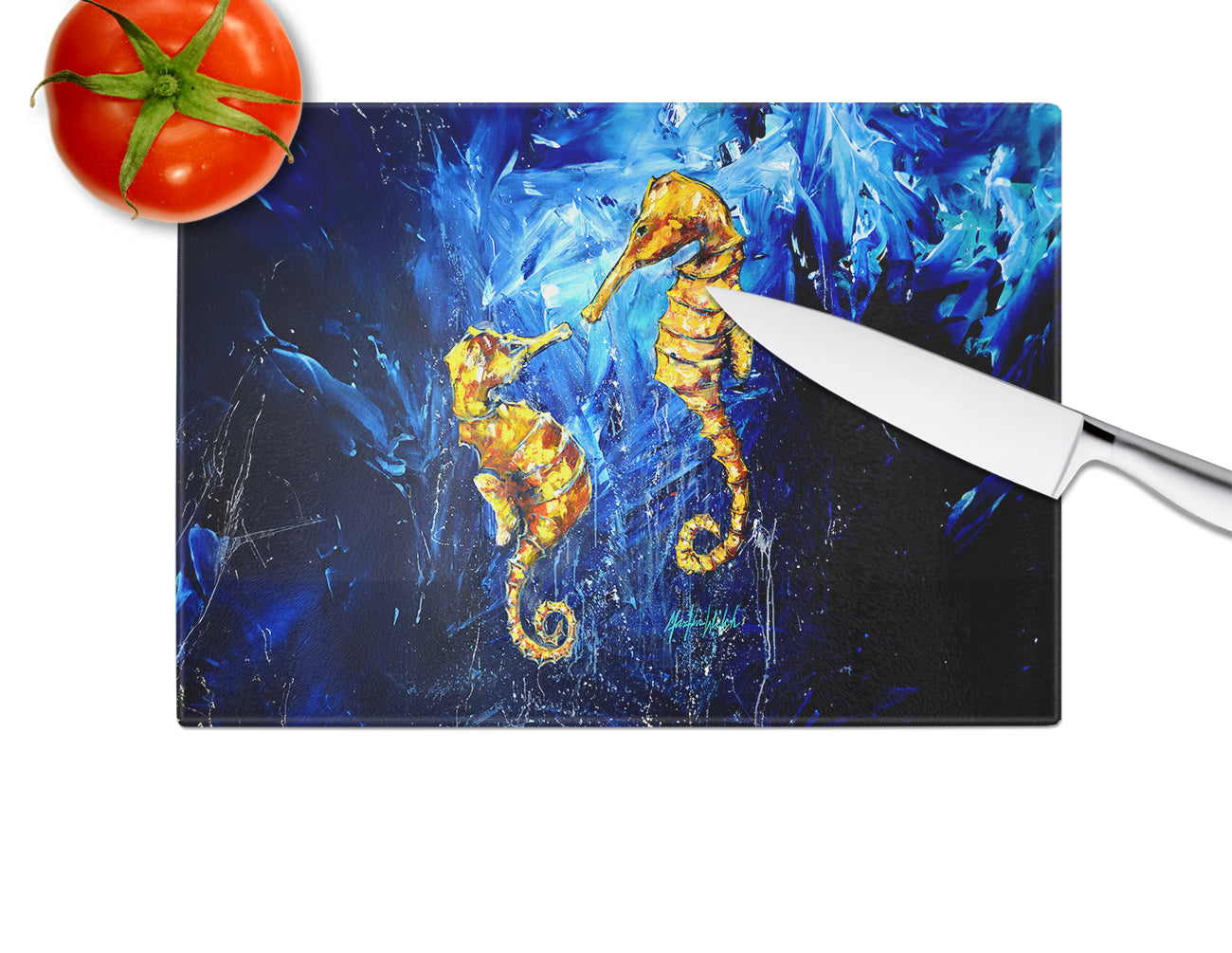 Seahorses Two To Tango Cutting Board Tempered Glass Kitchen Cutting Surface, Heat Resistant Chopping, Non-Slip Feet, Food Prep & Serving