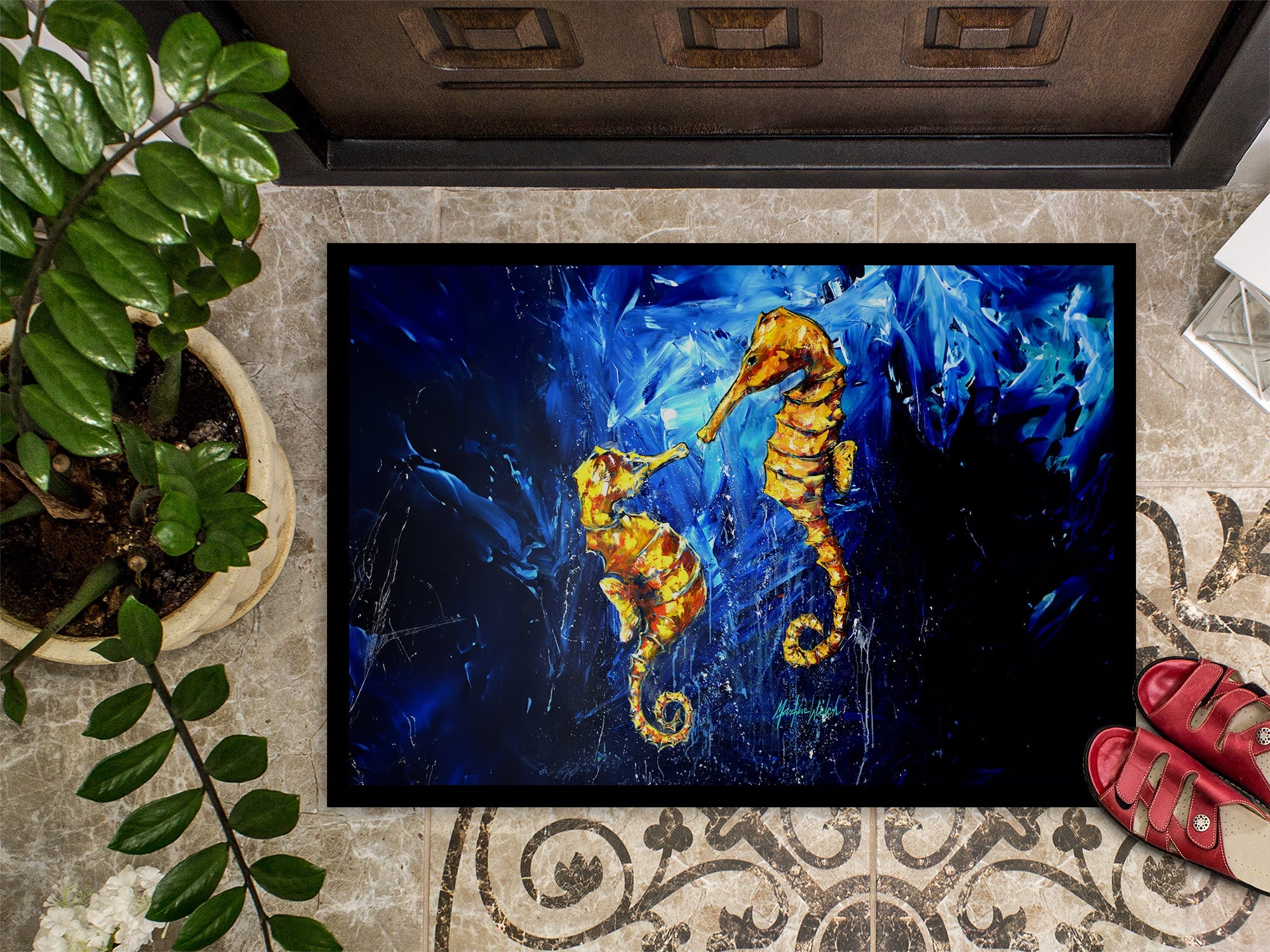 Seahorses Two To Tango Doormat Indoor Outdoor 18H X 27W Front Door Mat Rugs for Entryway, Non Slip Washable