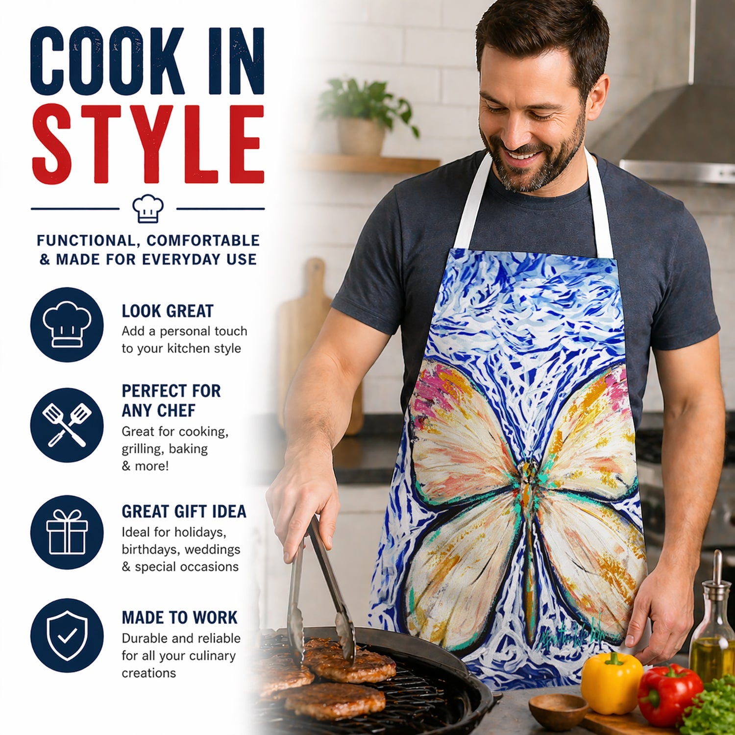 Butterfly Violet Tip Apron Cooking Kitchen Server Baking Crafts Gardening for Adult Women Men, Unisex, Large, Multicolor