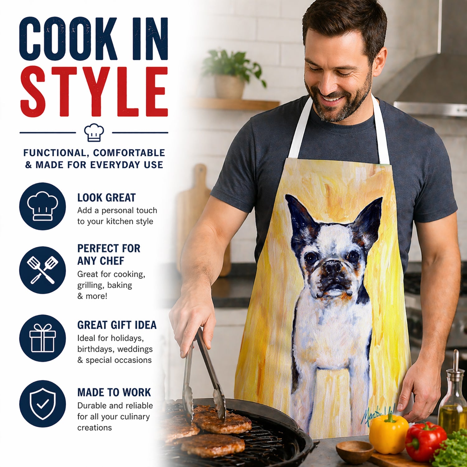 Boston Terrier Walker Two Apron Cooking Kitchen Server Baking Crafts Gardening for Adult Women Men, Unisex, Large, Multicolor