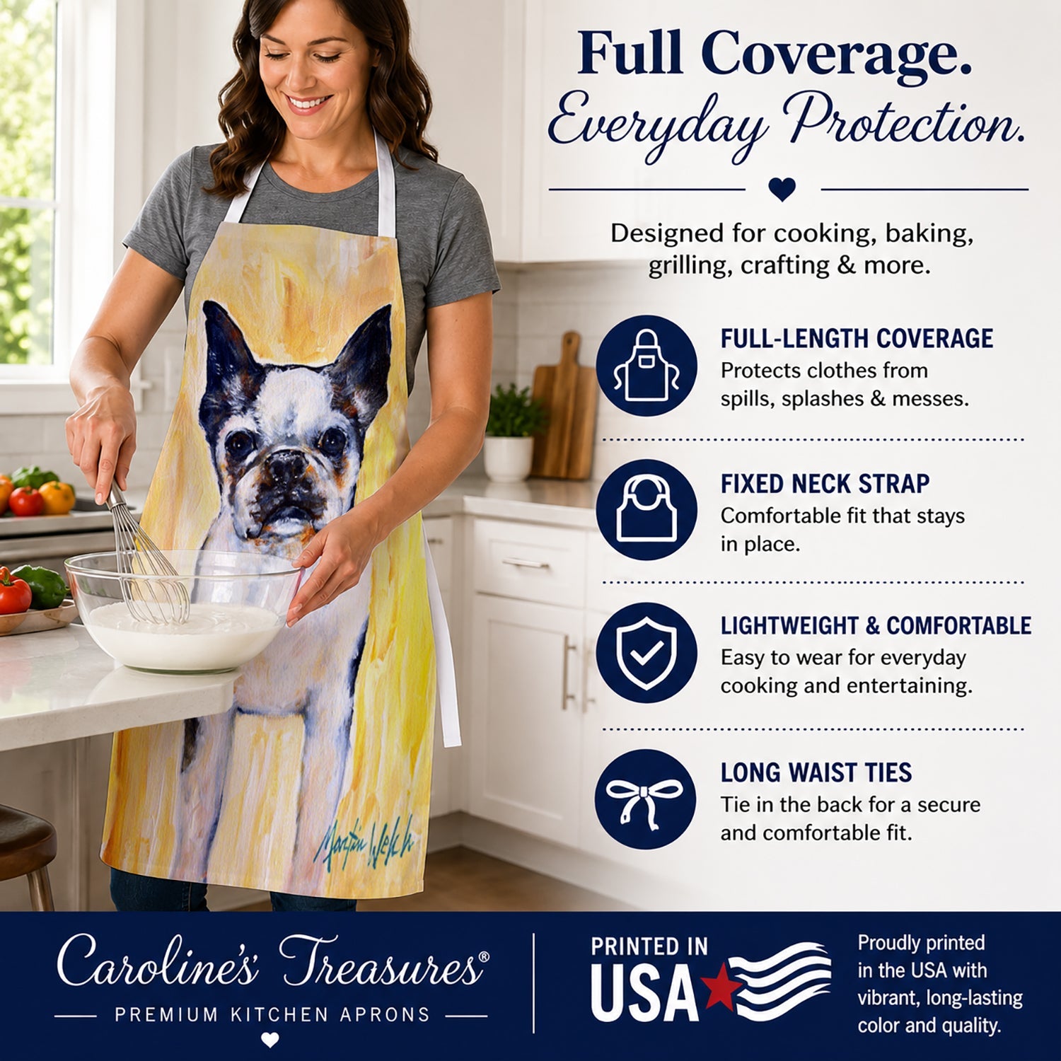Boston Terrier Walker Two Apron Cooking Kitchen Server Baking Crafts Gardening for Adult Women Men, Unisex, Large, Multicolor