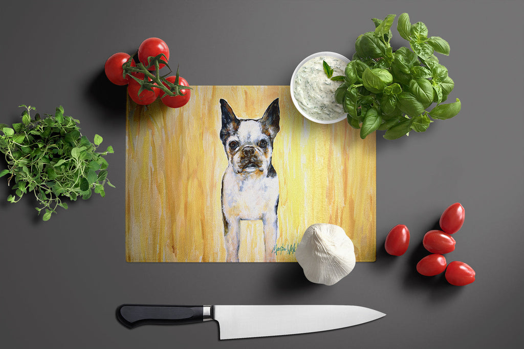 Boston Terrier Walker Two Cutting Board Tempered Glass Kitchen Cutting Surface, Heat Resistant Chopping, Non-Slip Feet, Food Prep & Serving