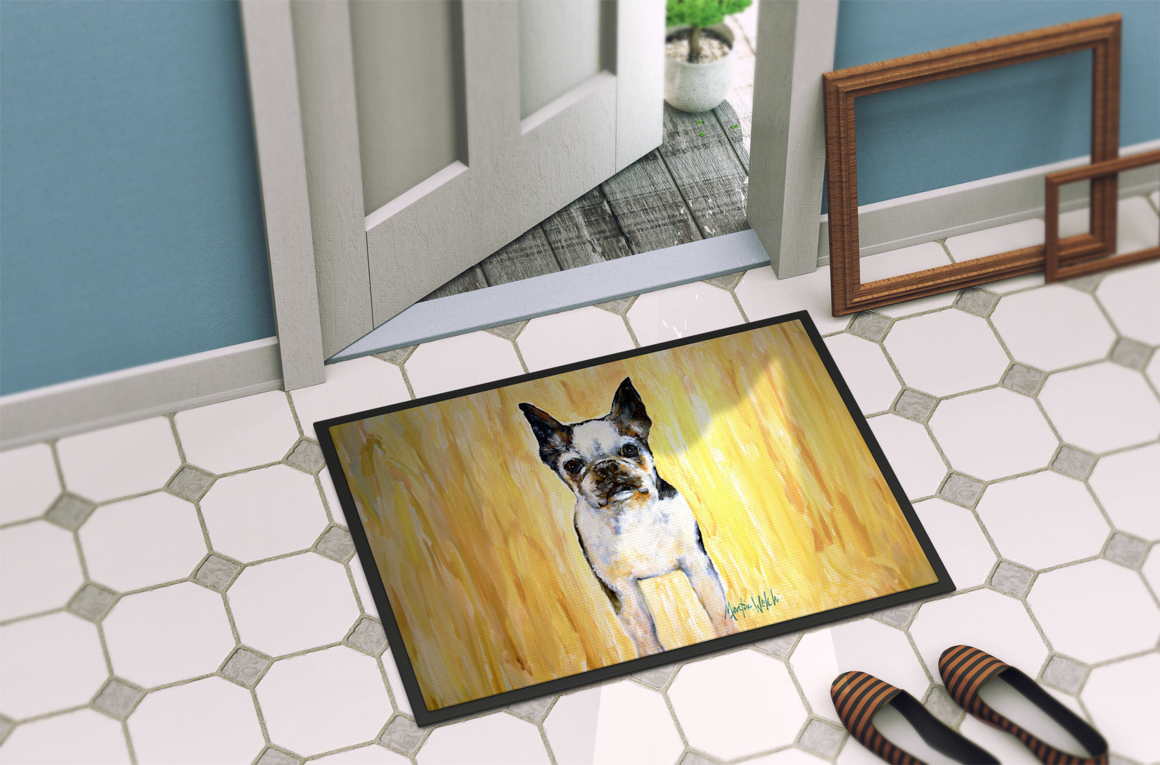 Boston Terrier Walker Two Doormat Indoor Outdoor 18H X 27W Front Door Mat Rugs for Entryway, Non Slip Washable