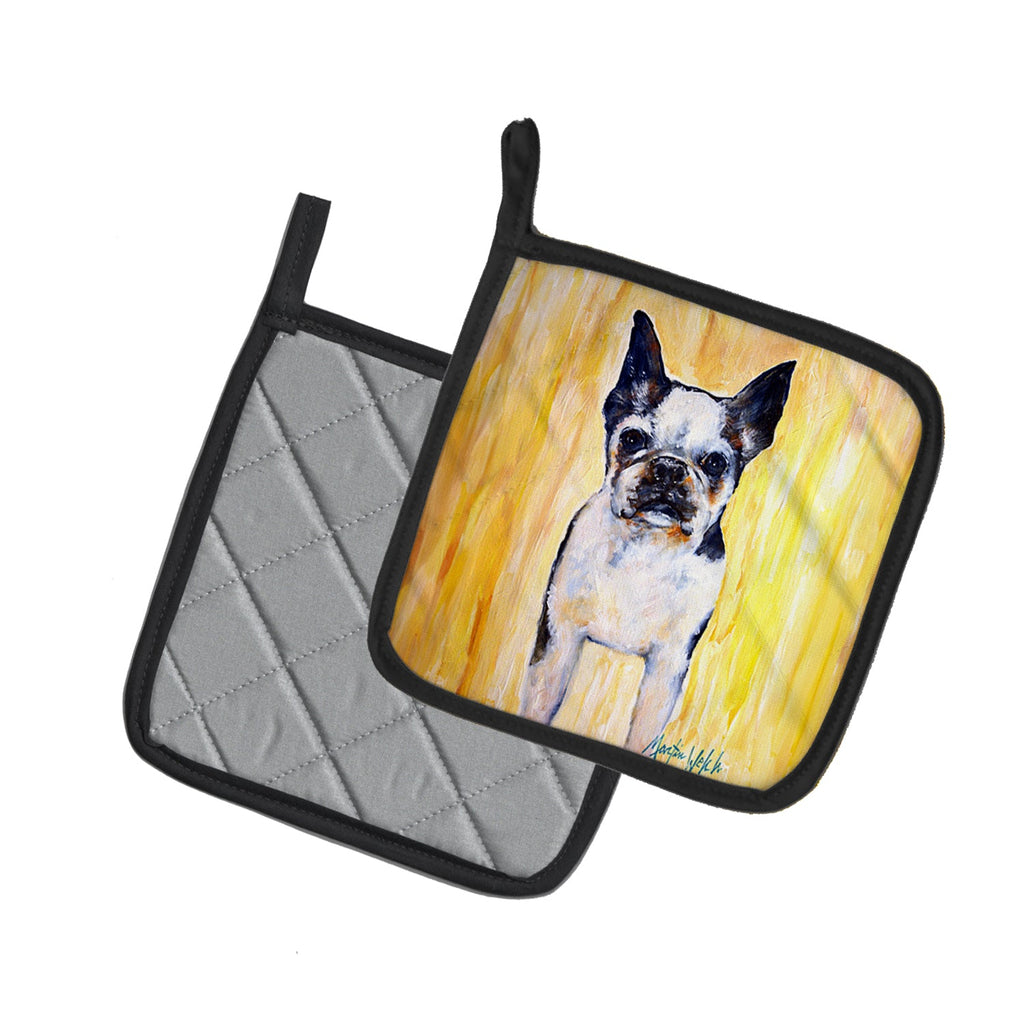 Boston Terrier Walker Two Pot Holder Set of 2 Heat Resistant Quilted Hot Pads 7.5 x 7.5 Inch, Insulated Kitchen Trivets for Cooking & Baking