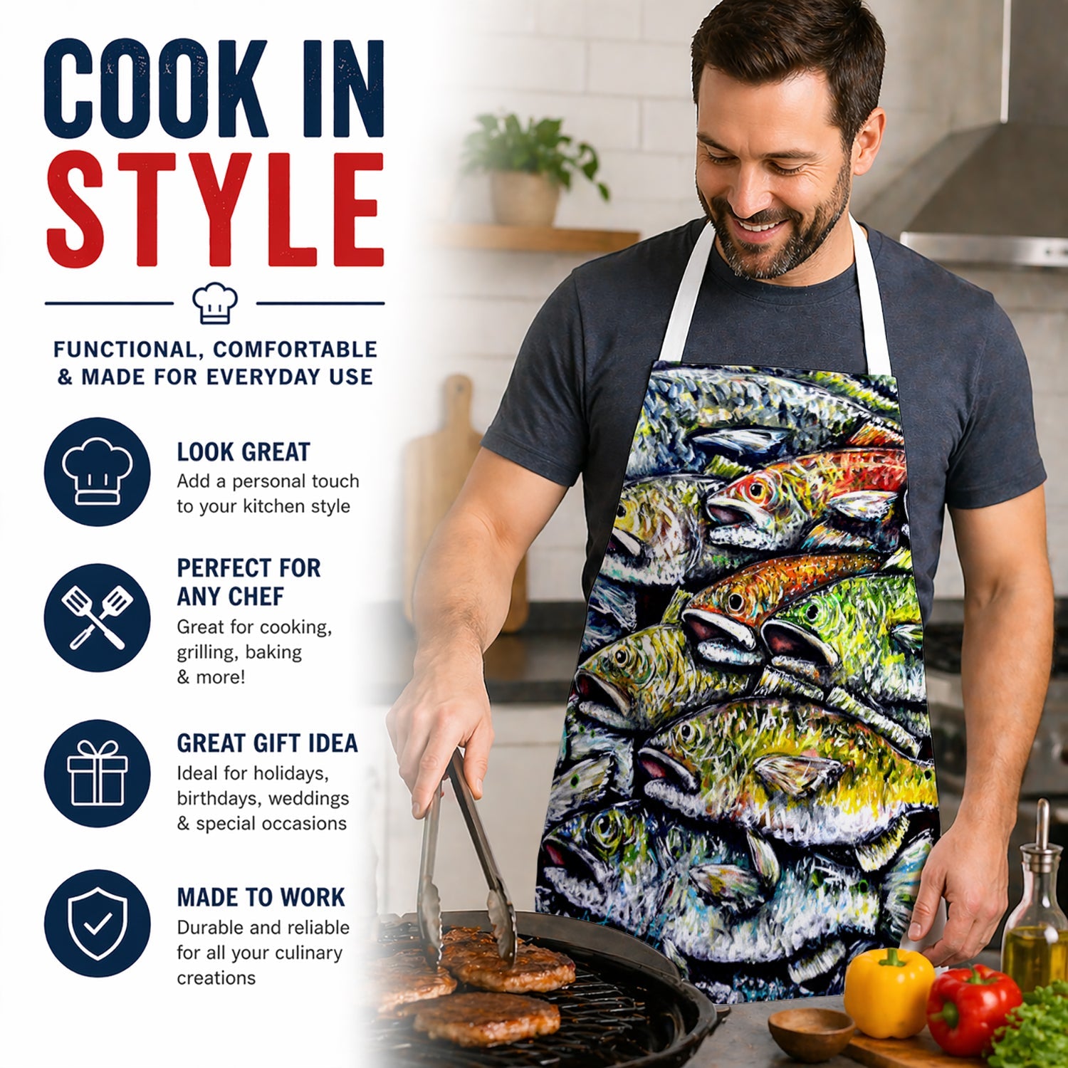Wanna Be Fishin Apron Cooking Kitchen Server Baking Crafts Gardening for Adult Women Men, Unisex, Large, Multicolor
