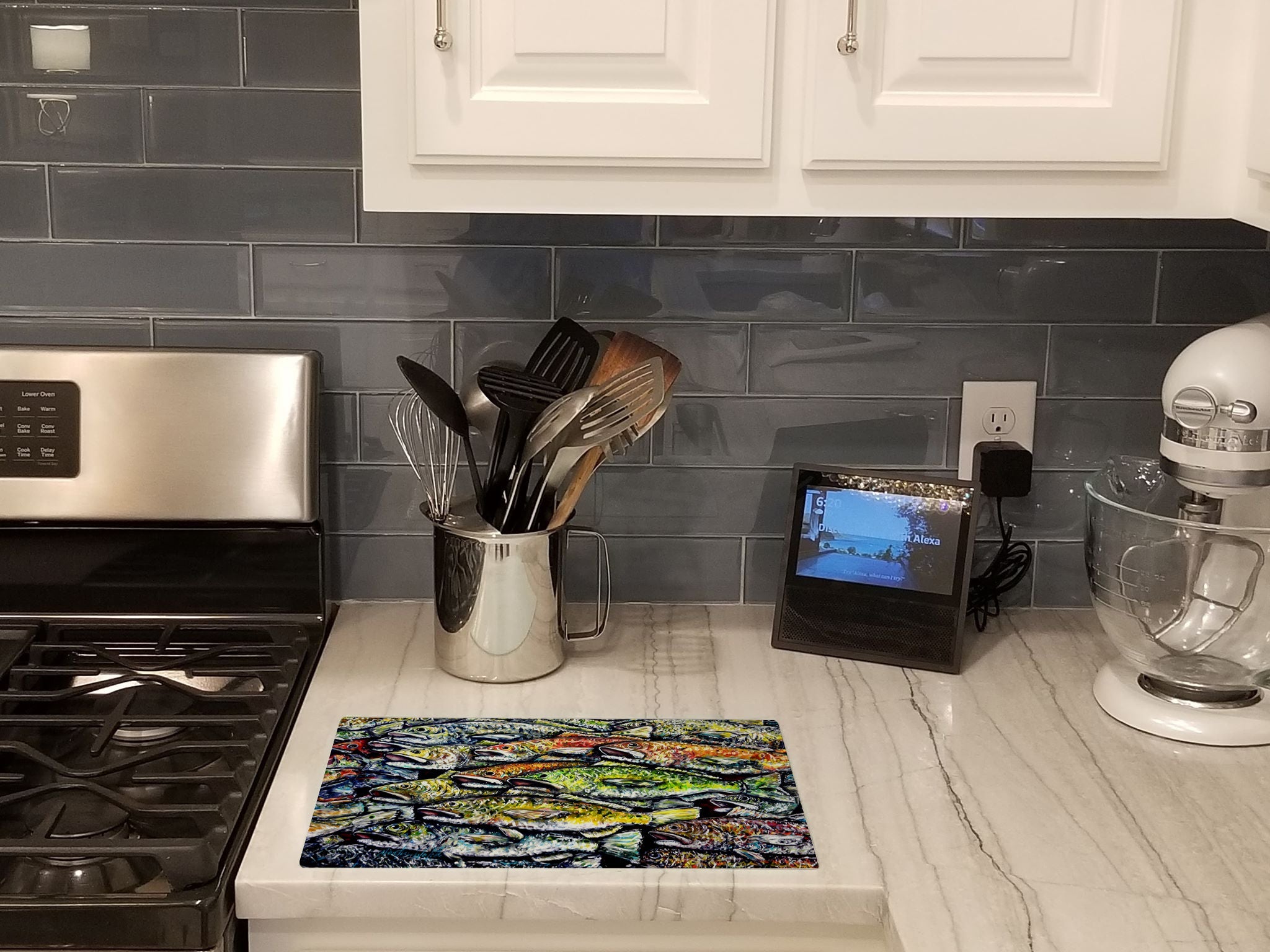 Wanna Be Fishin Cutting Board Tempered Glass Kitchen Cutting Surface, Heat Resistant Chopping, Non-Slip Feet, Food Prep & Serving
