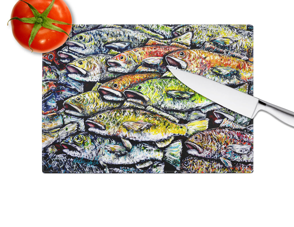 Wanna Be Fishin Cutting Board Tempered Glass Kitchen Cutting Surface, Heat Resistant Chopping, Non-Slip Feet, Food Prep & Serving