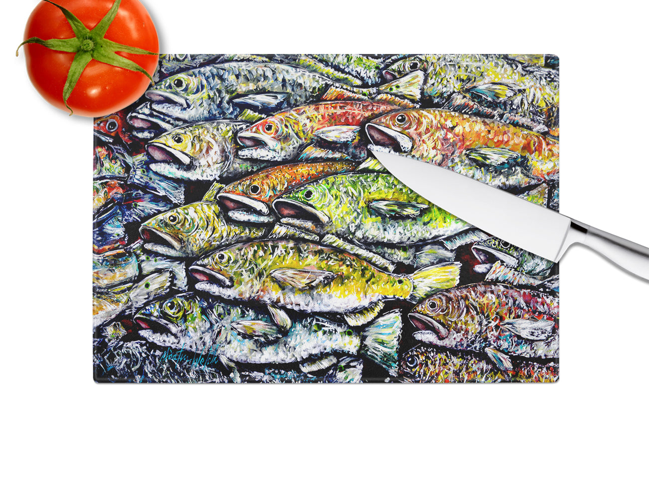 Wanna Be Fishin Cutting Board Tempered Glass Kitchen Cutting Surface, Heat Resistant Chopping, Non-Slip Feet, Food Prep & Serving