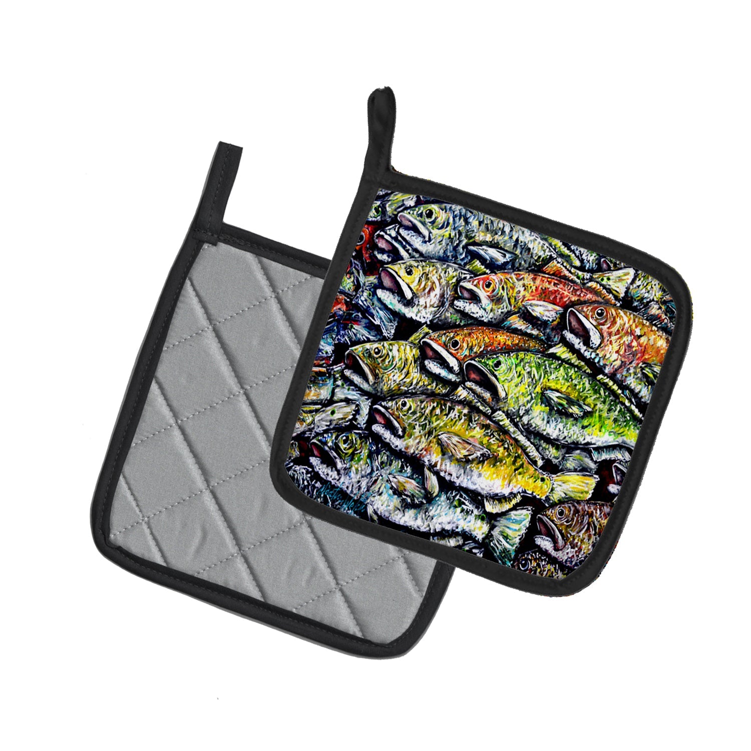 Wanna Be Fishin Pot Holder Set of 2 Heat Resistant Quilted Hot Pads 7.5 x 7.5 Inch, Insulated Kitchen Trivets for Cooking & Baking