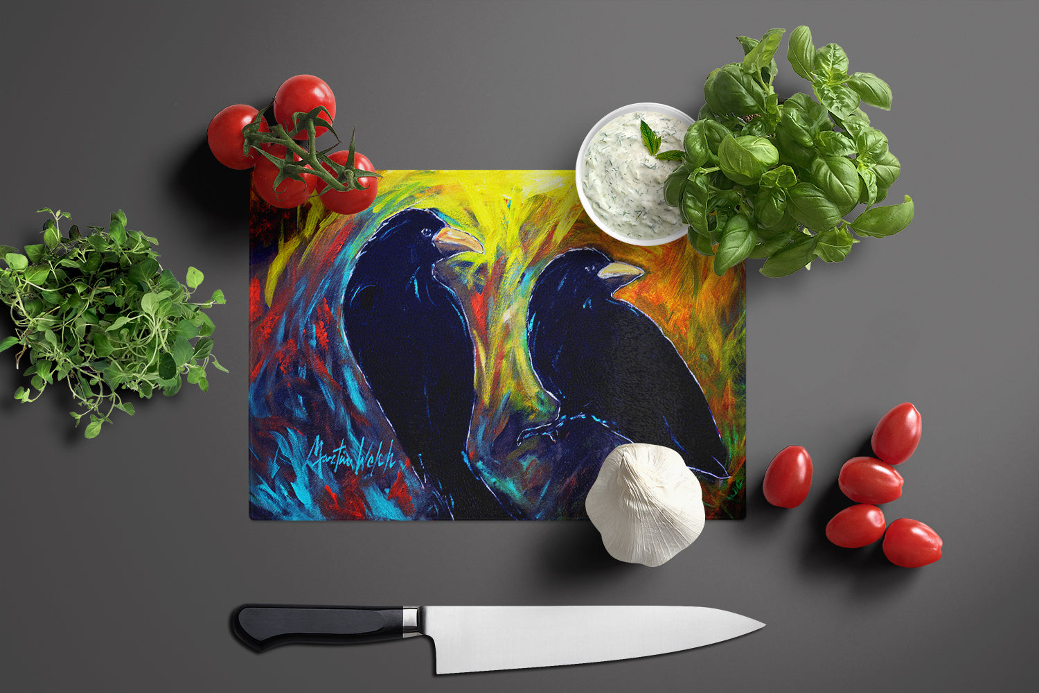 What Was That Black Crows Cutting Board Tempered Glass Kitchen Cutting Surface, Heat Resistant Chopping, Non-Slip Feet, Food Prep & Serving