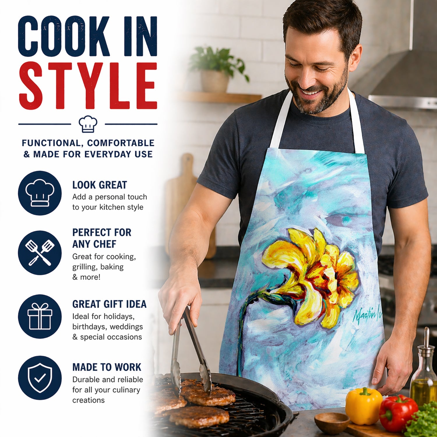 Yellow Daffy Daffodils Apron Cooking Kitchen Server Baking Crafts Gardening for Adult Women Men, Unisex, Large, Multicolor