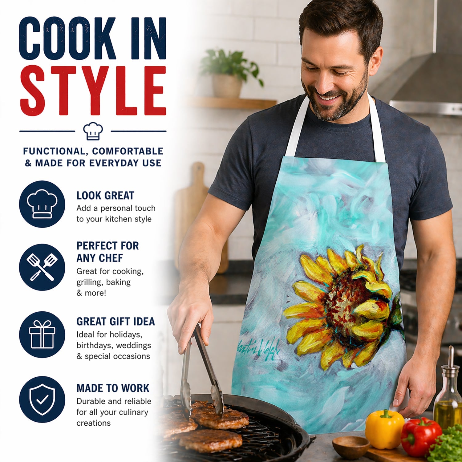 Yellow Sun Sunflowers Apron Cooking Kitchen Server Baking Crafts Gardening for Adult Women Men, Unisex, Large, Multicolor