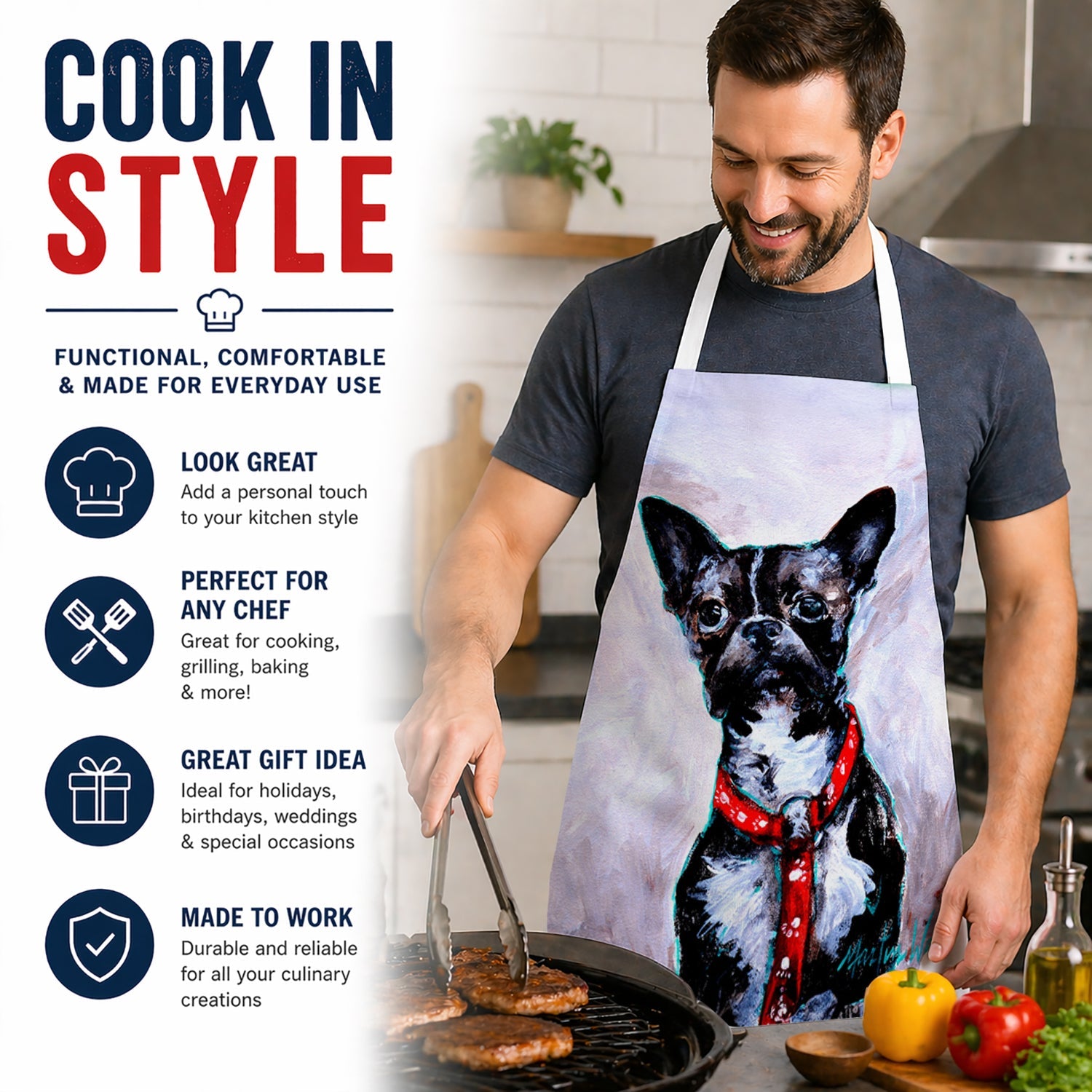 Boston Terrier Ziggy Apron Cooking Kitchen Server Baking Crafts Gardening for Adult Women Men, Unisex, Large, Multicolor