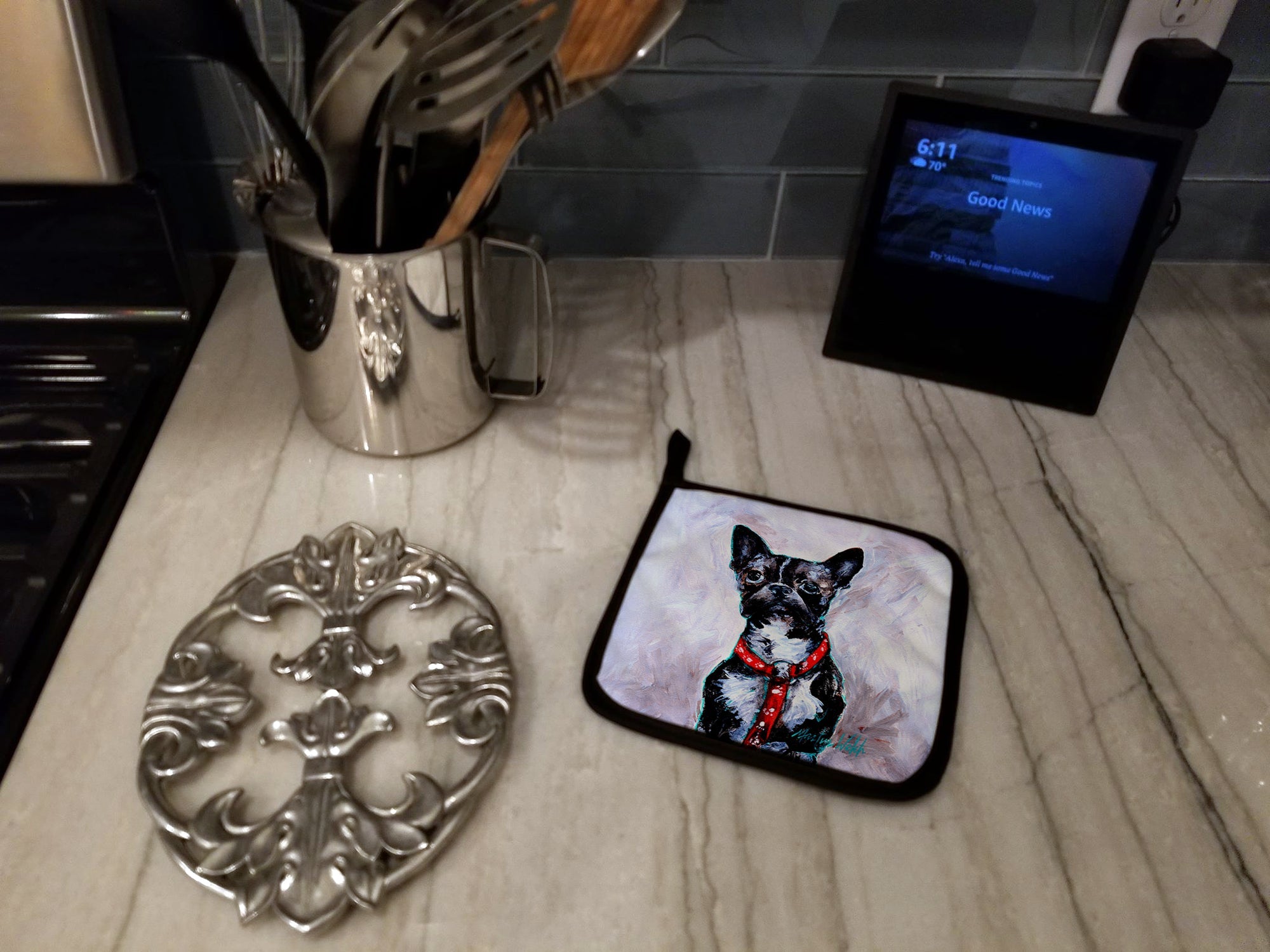 Boston Terrier Ziggy Pot Holder Set of 2 Heat Resistant Quilted Hot Pads 7.5 x 7.5 Inch, Insulated Kitchen Trivets for Cooking & Baking