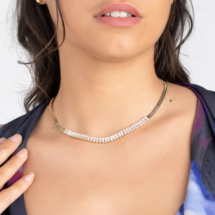 RMZ GOLD NYC 18K Gold Diamond CZ Herringbone Necklace
