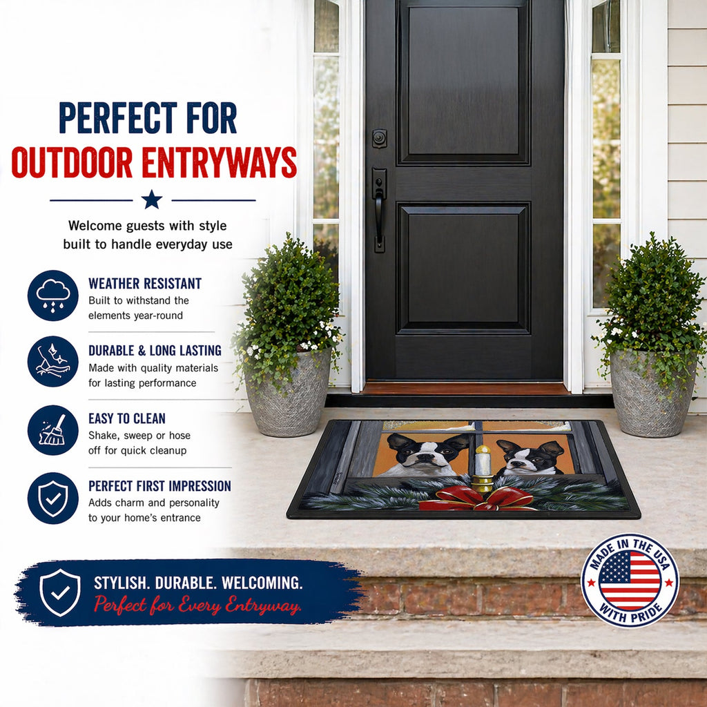 Boston Terrier Looking for Santa Christmas Doormat Indoor Outdoor 24H X 36W Front Door Mat Rugs for Entryway, Non Slip Washable Low Pile,