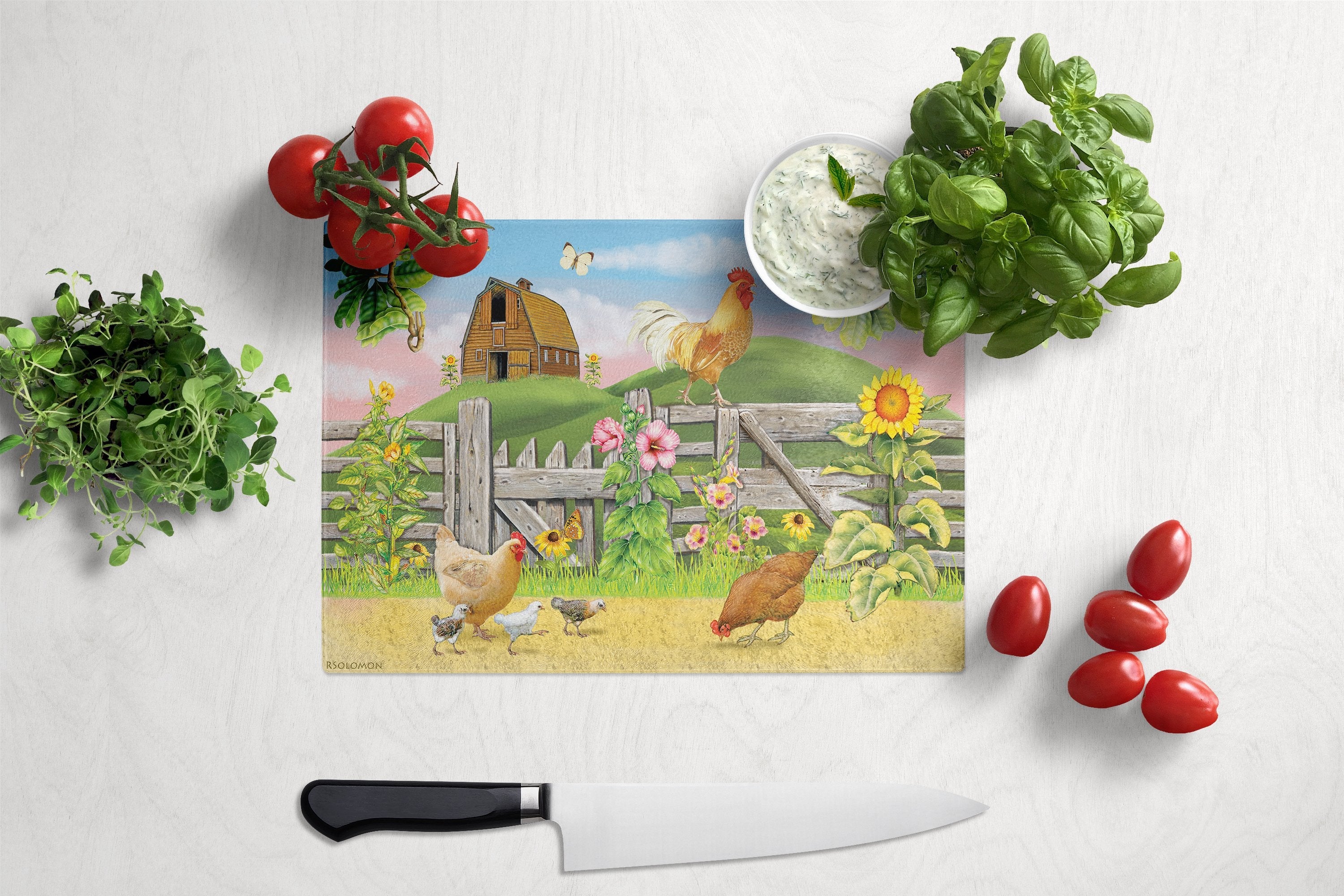 Rooster On Fence Cutting Board Tempered Glass Kitchen Cutting Surface, Heat Resistant Chopping, Non-Slip Feet, Food Prep & Serving