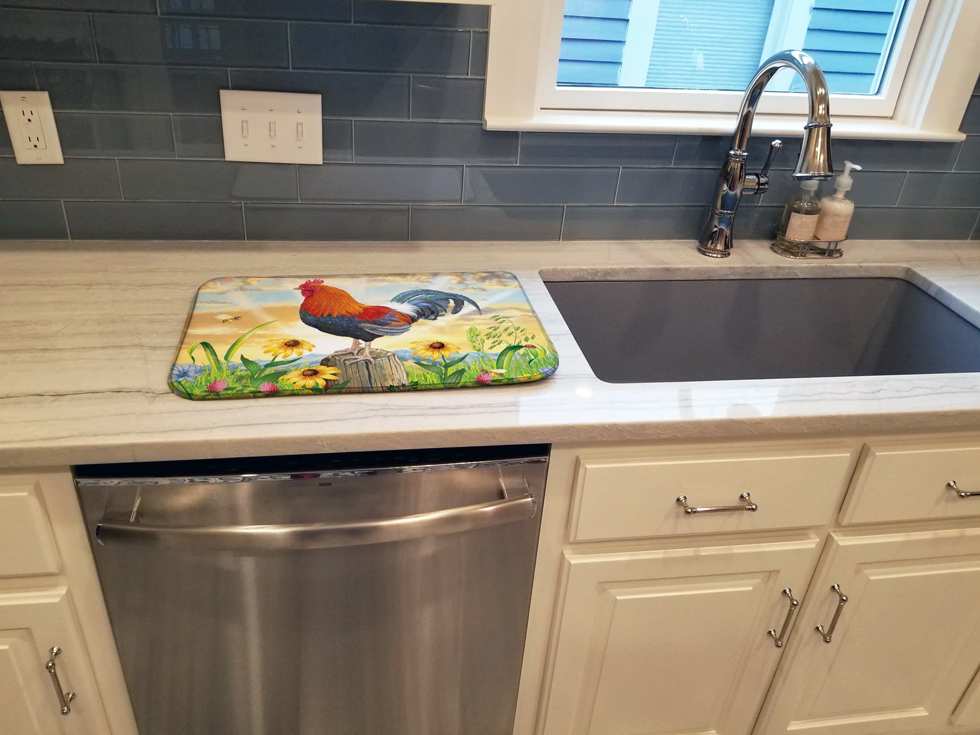 Rooster At Dawn Dish Drying Mat Absorbent Dish Drying Mat Pad for Kitchen Counter Dish Drainer Mat for Countertop, 14 x 21", Multicolor