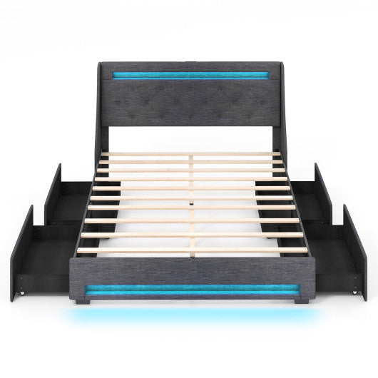 Queen Size Upholstered Platform Bed Frame with LED Lights and Charging Station-Grey