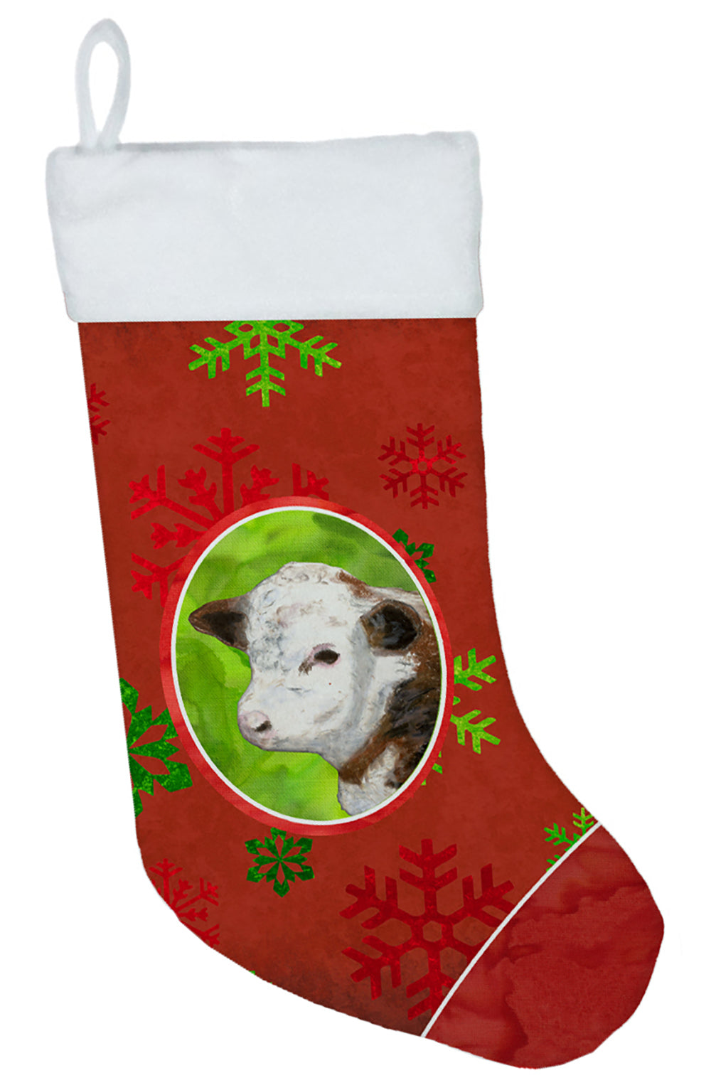 Baby Calf Red Snowflakes Holiday Christmas  Holiday Stocking Double-Sided Print, Polyester Suede,11x18, Made in USA