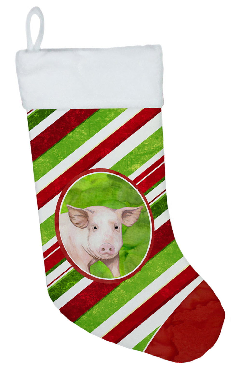 Pig Candy Cane Holiday Christmas Holiday Stocking Double-Sided Print, Polyester Suede,11x18, Made in USA