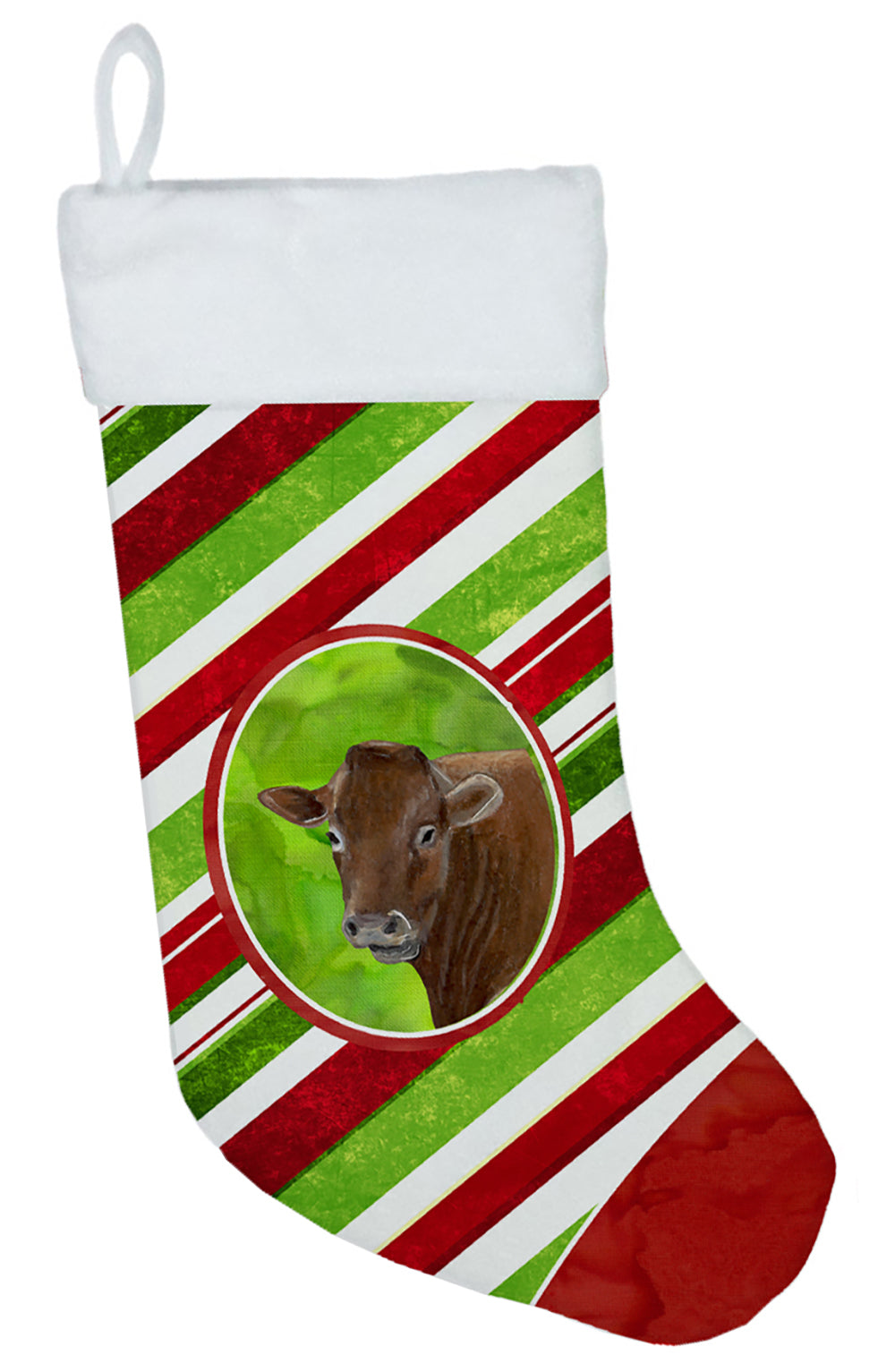 Cow Candy Cane Holiday Christmas Holiday Stocking Double-Sided Print, Polyester Suede,11x18, Made in USA