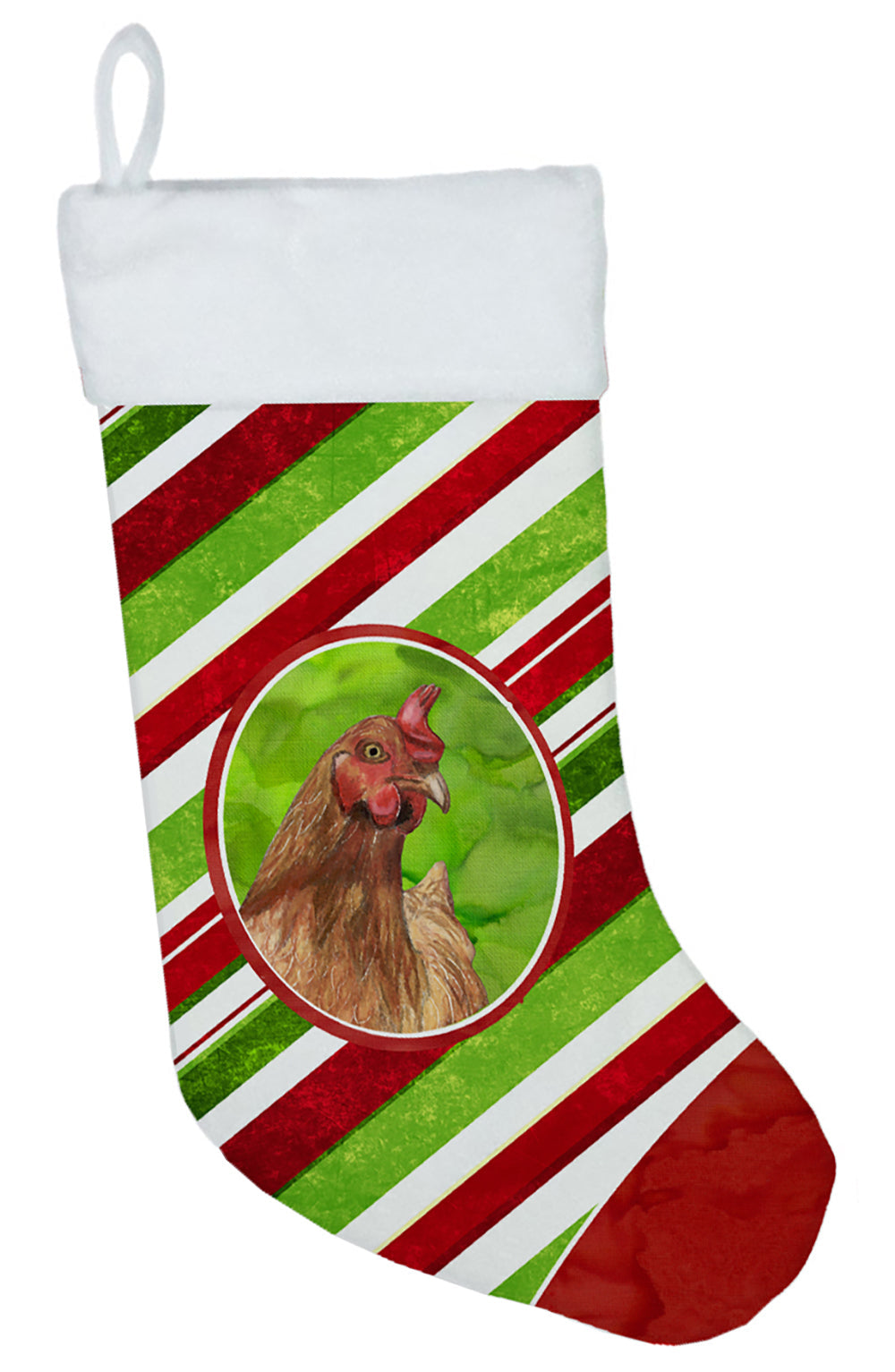 Chicken Candy Cane Holiday Christmas Holiday Stocking Double-Sided Print, Polyester Suede,11x18, Made in USA