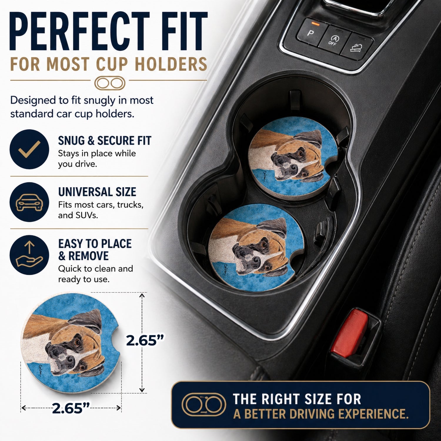 Blue Boxer Set of 2 Cup Holder Car Coasters Absorbent Round Sandstone Coasters Gifts for Men or Women, 2.5, Multicolor