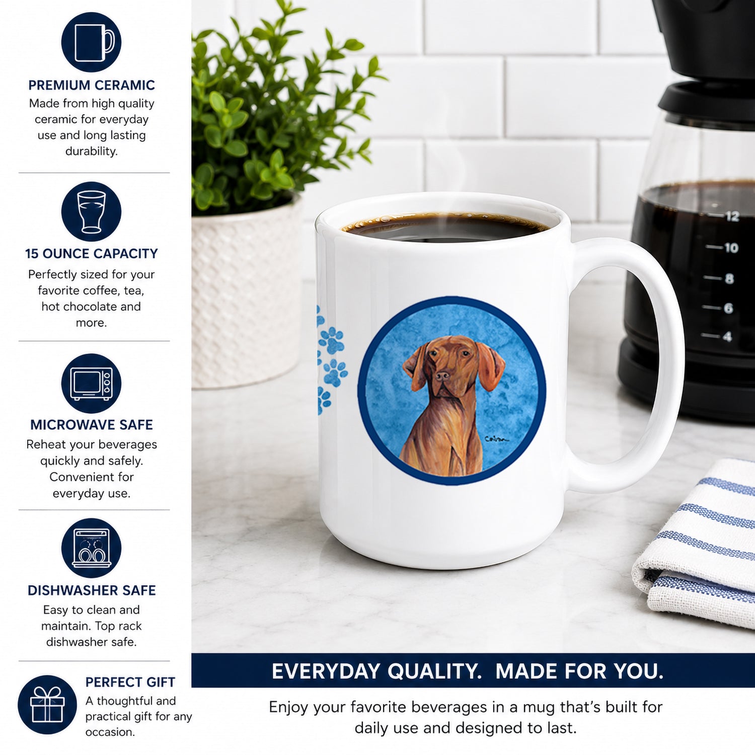 Blue Vizsla Ceramic Coffee Mug 15 oz Decorative Large C Handle Mug Cup for Tea, Cocoa Hot Chocolate