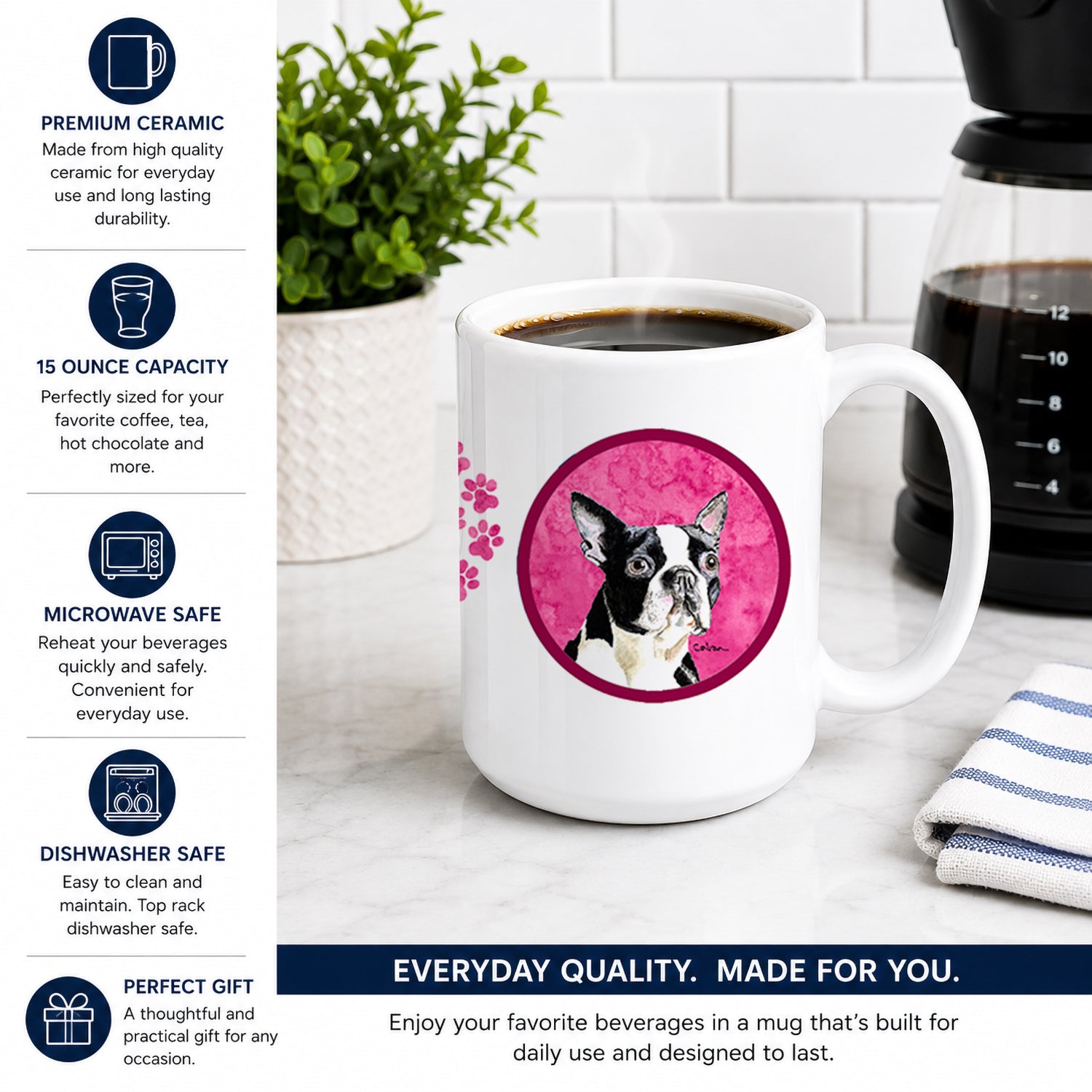 Pink Boston Terrier Ceramic Coffee Mug 15 oz Decorative Large C Handle Mug Cup for Tea, Cocoa Hot Chocolate