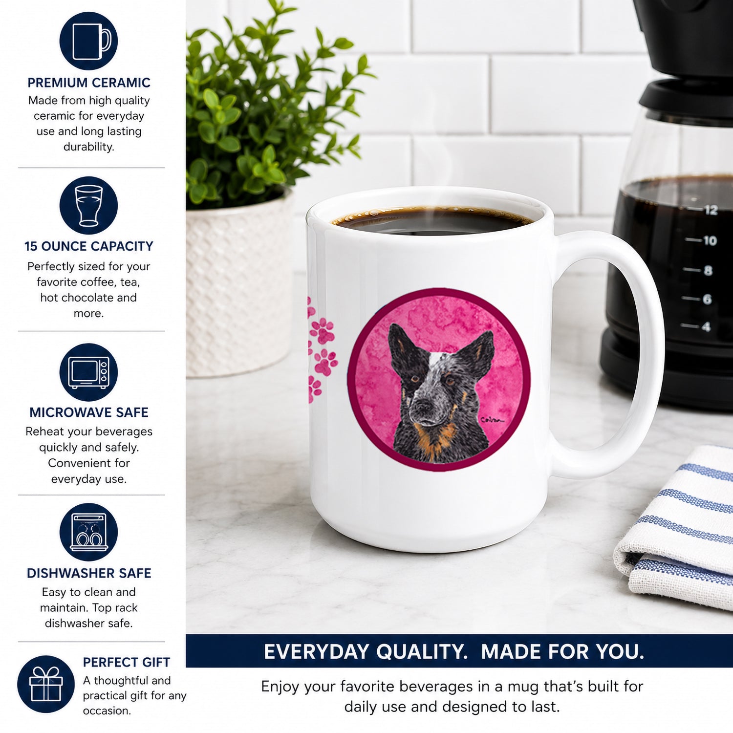 Pink Australian Cattle Dog Ceramic Coffee Mug 15 oz Decorative Large C Handle Mug Cup for Tea, Cocoa Hot Chocolate