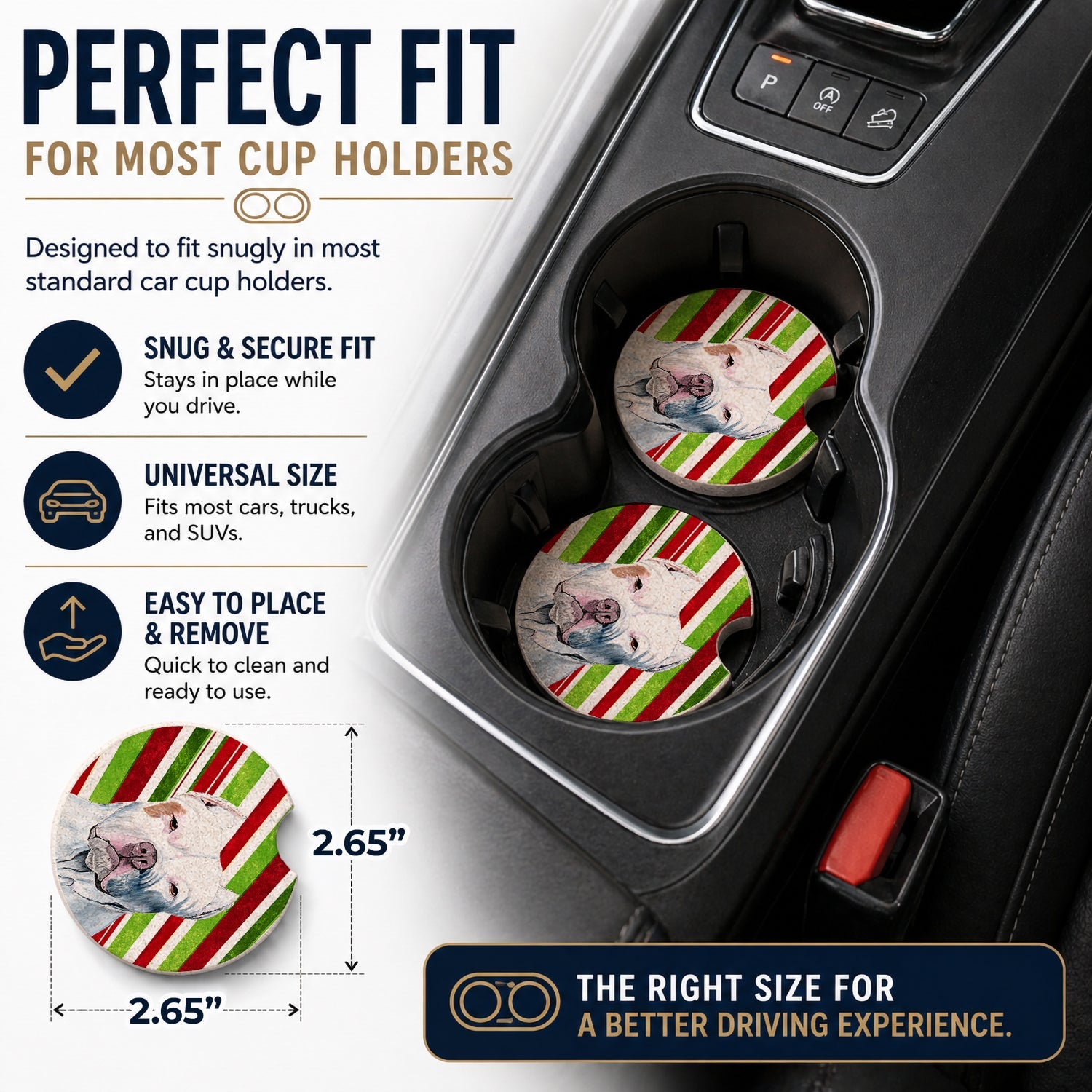 Pit Bull Candy Cane Holiday Christmas Set of 2 Cup Holder Car Coasters Absorbent Round Sandstone Coasters Gifts for Men or Women, 2.5, Multicolor