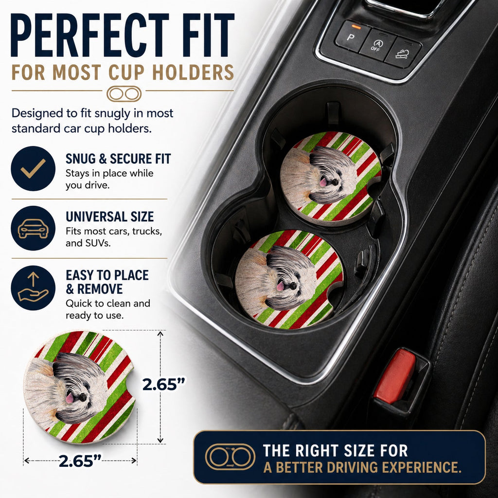 Shih Tzu Candy Cane Holiday Christmas Set of 2 Cup Holder Car Coasters Absorbent Round Sandstone Coasters Gifts for Men or Women, 2.5, Multicolor
