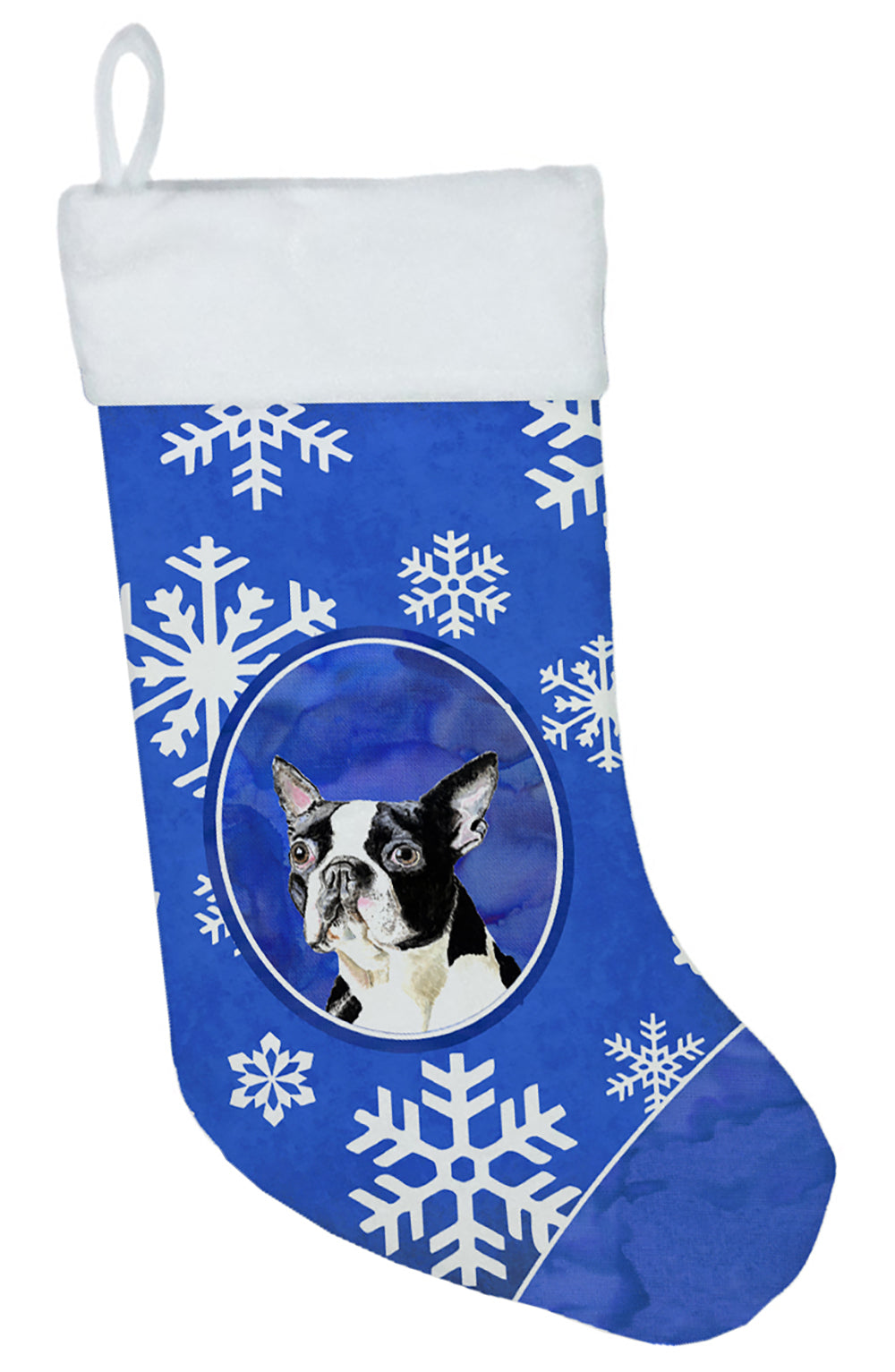 Boston Terrier Winter Snowflakes Holiday Holiday Stocking Double-Sided Print, Polyester Suede,11x18, Made in USA